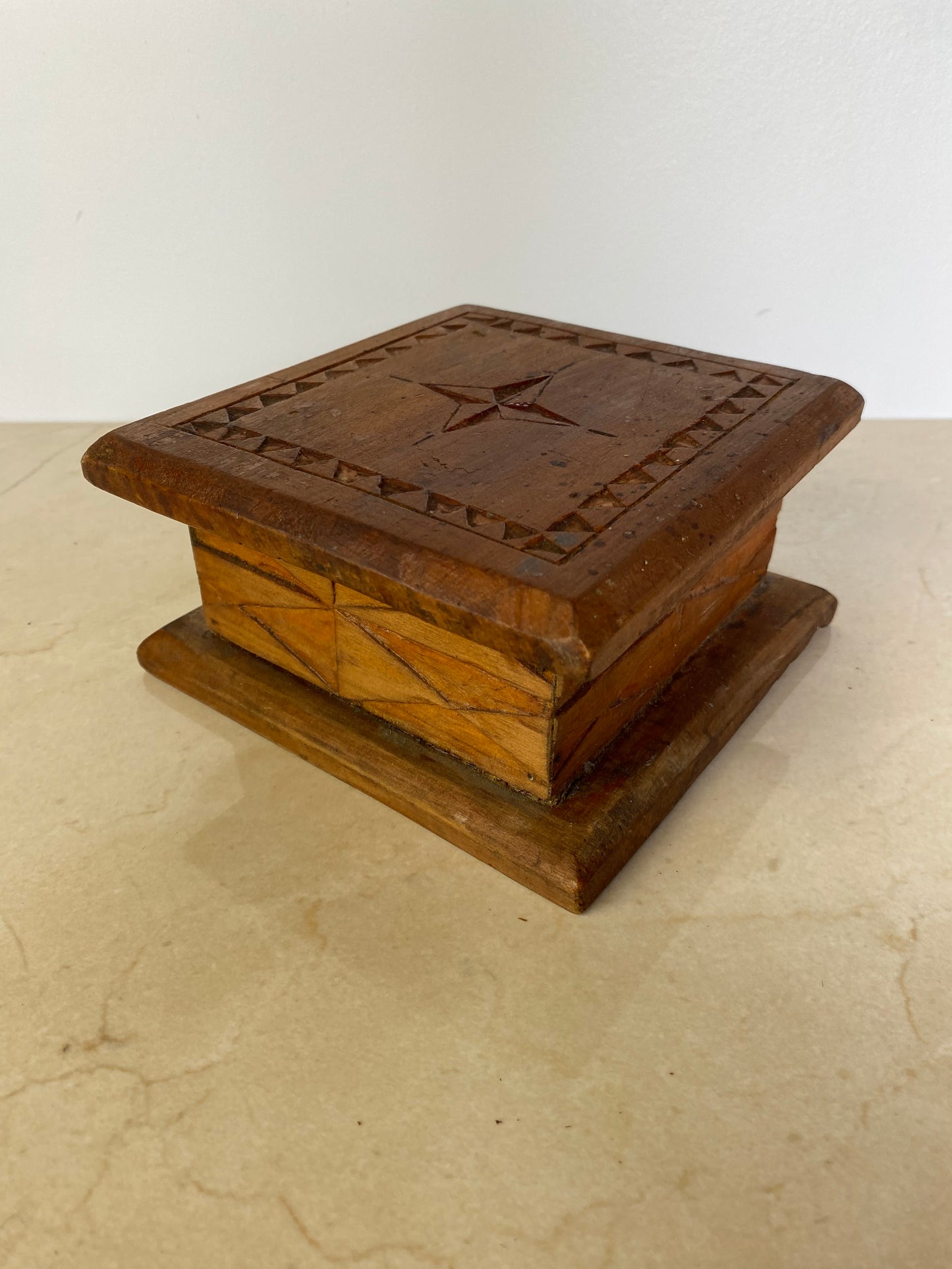 Vintage Hand-Carved Wood Folk Art Lidded Box With Star Motif