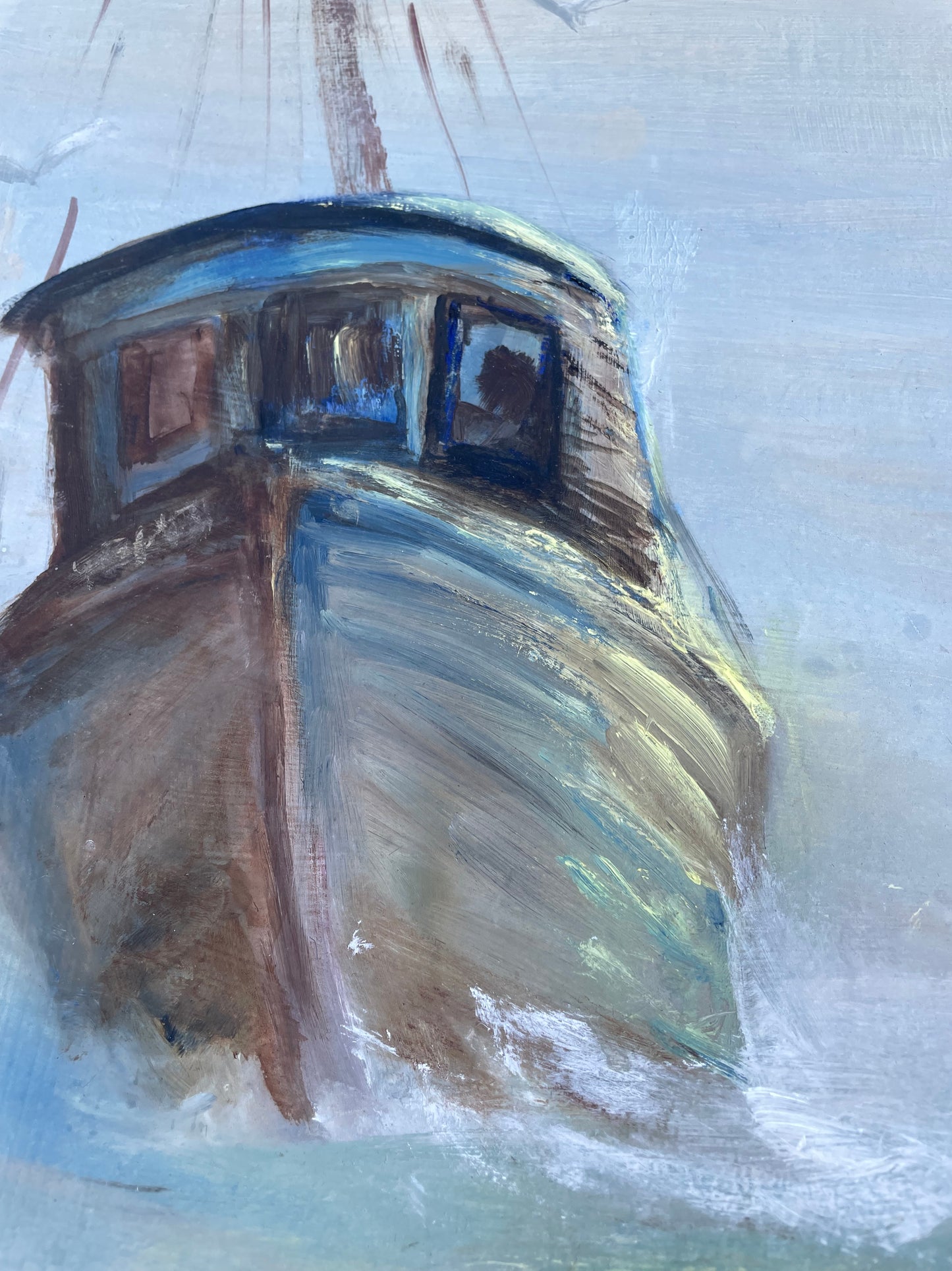 Nautical Seascape Fishing Boats Framed Vintage Oil on Board