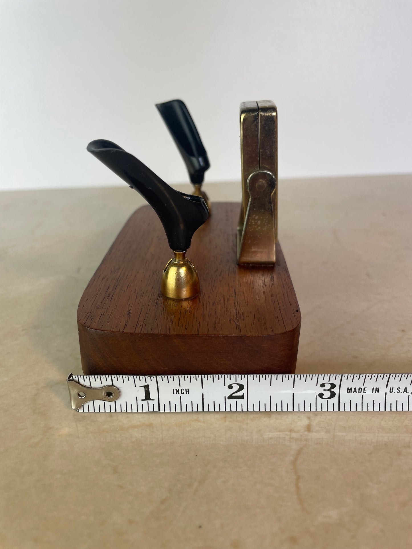 Mid-Century Brass & Walnut Perpetual Calendar Desk Set With Pen Holders