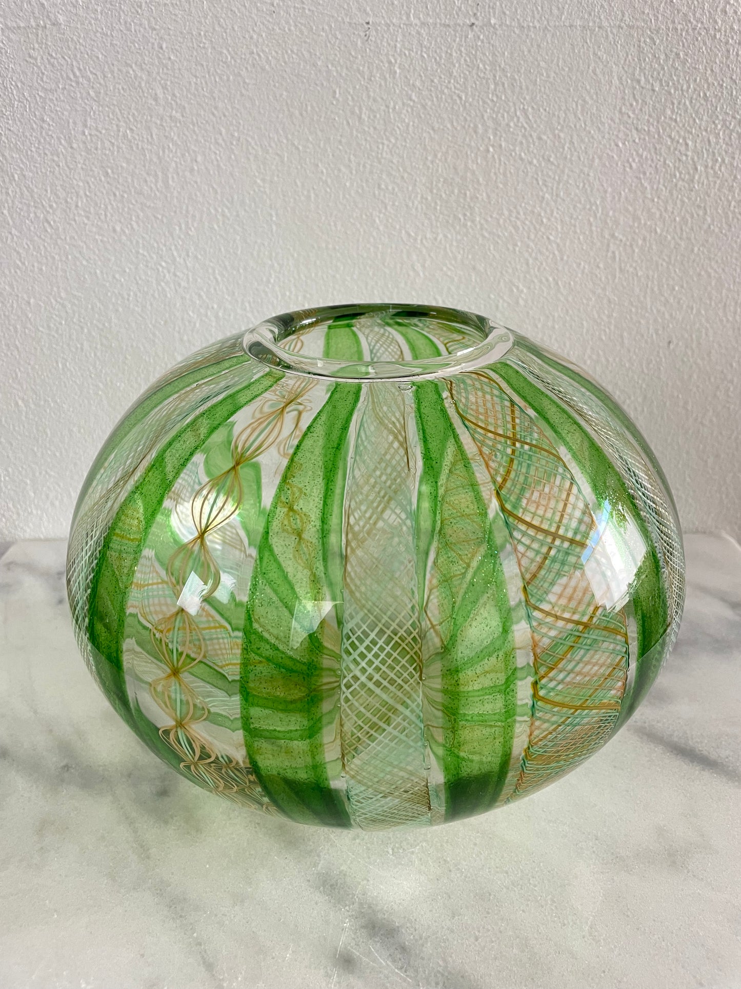 Late 20th Century Handblown Art Glass Vase in Green and Gold Stripe and Plaid Design