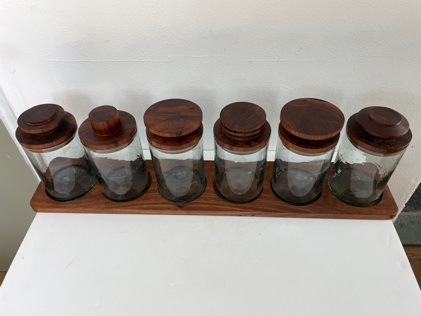 Mid 20th Century Solid Walnut and Blown Glass Canister Jars With Stand- 7 Pieces