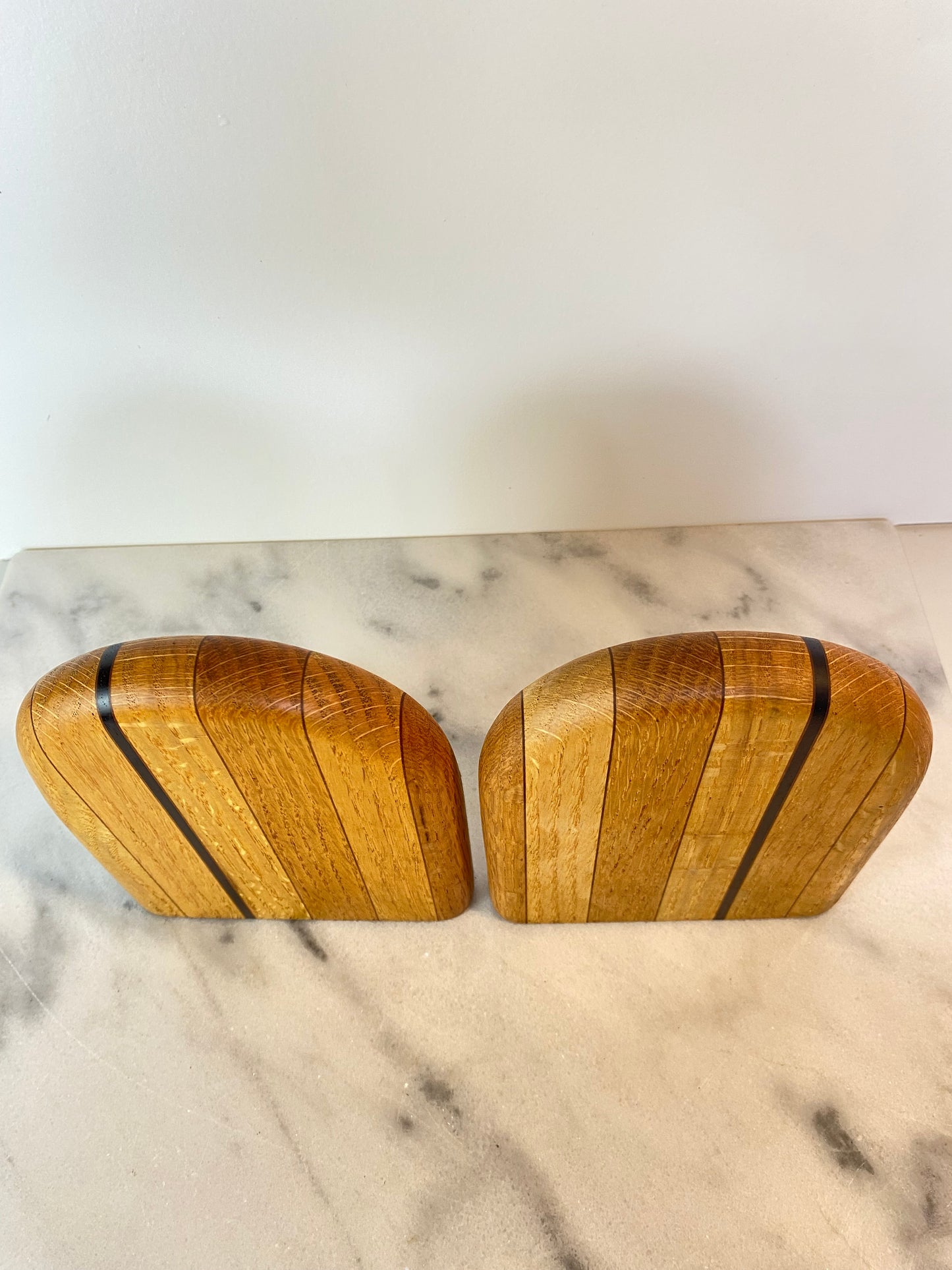 Mid-Century Modern Rounded White Oak & Brass Bookends - A Pair
