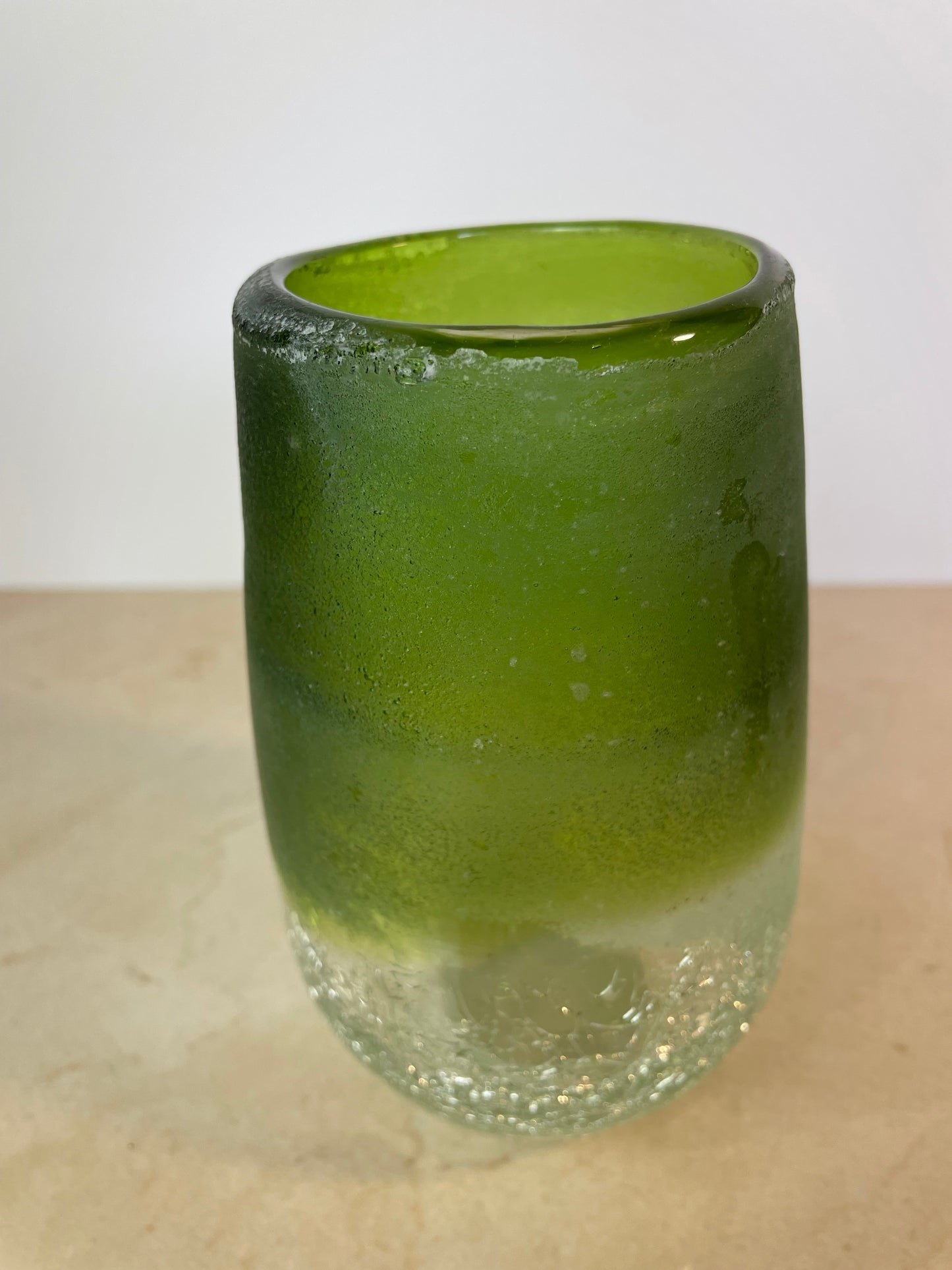 Handblown Green Ombre Frosted & Crackle Glass Vase