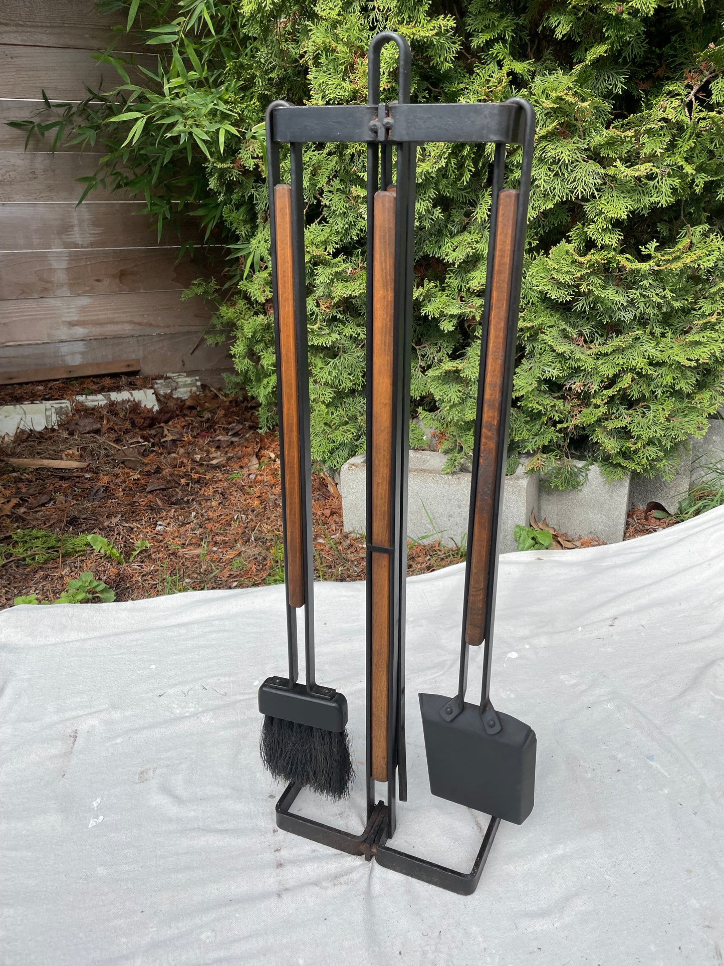 Mid Century Tony Paul Style Wood and Wrought Iron Fireplace Tools Set- 4 Pieces