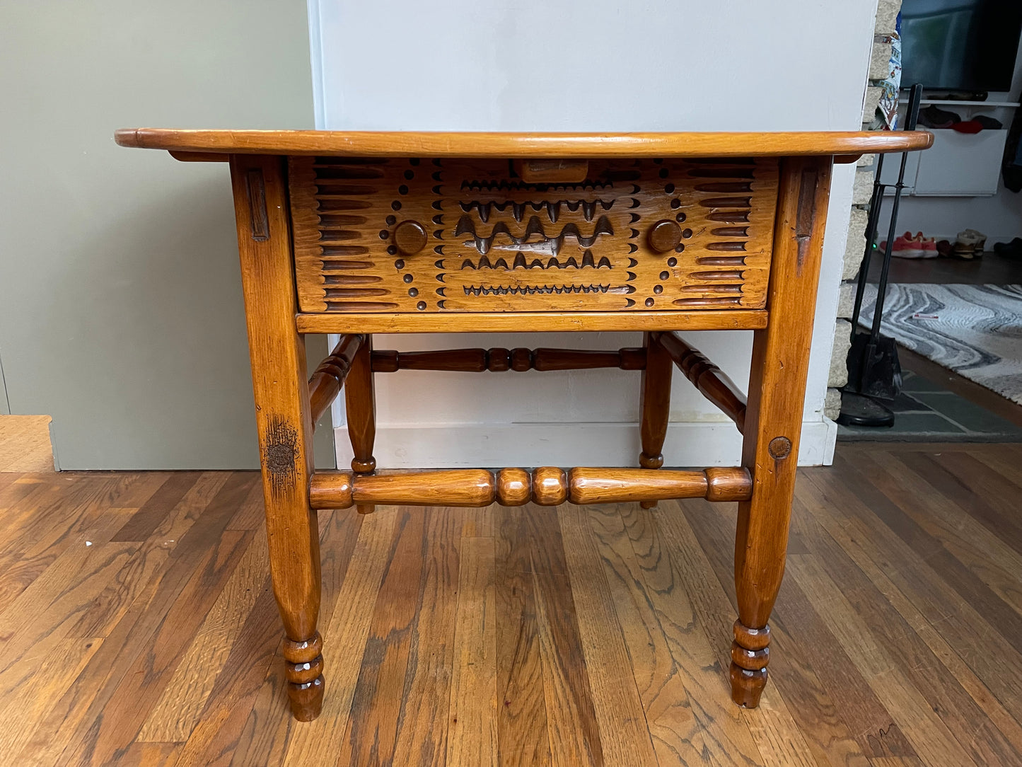 Late 20th Century Hand-Carved Rustic Folk Art Side Table With Drawer – Solid Wood, 35.5″ Round