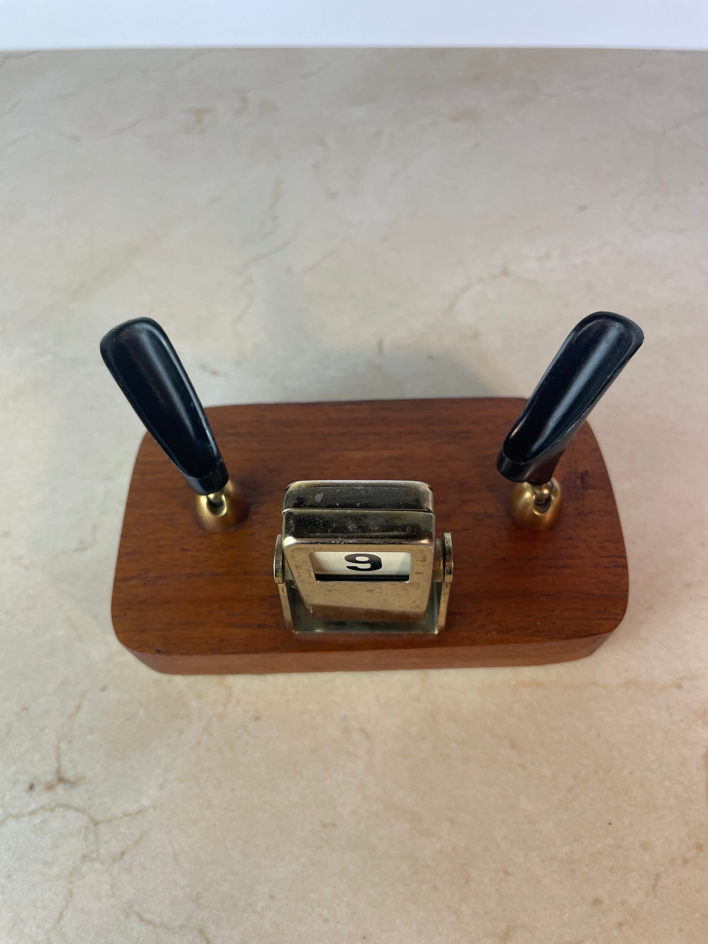 Mid-Century Brass & Walnut Perpetual Calendar Desk Set With Pen Holders