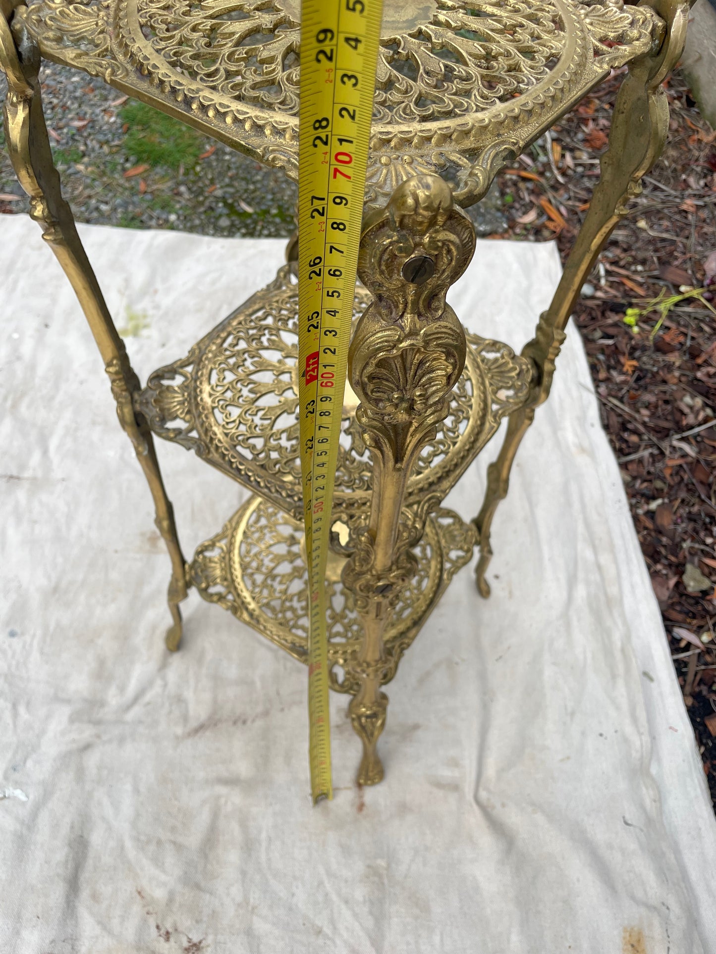 Vintage Ornate Brass Three-Tier Plant Stand Accent Table — Hollywood Regency Style