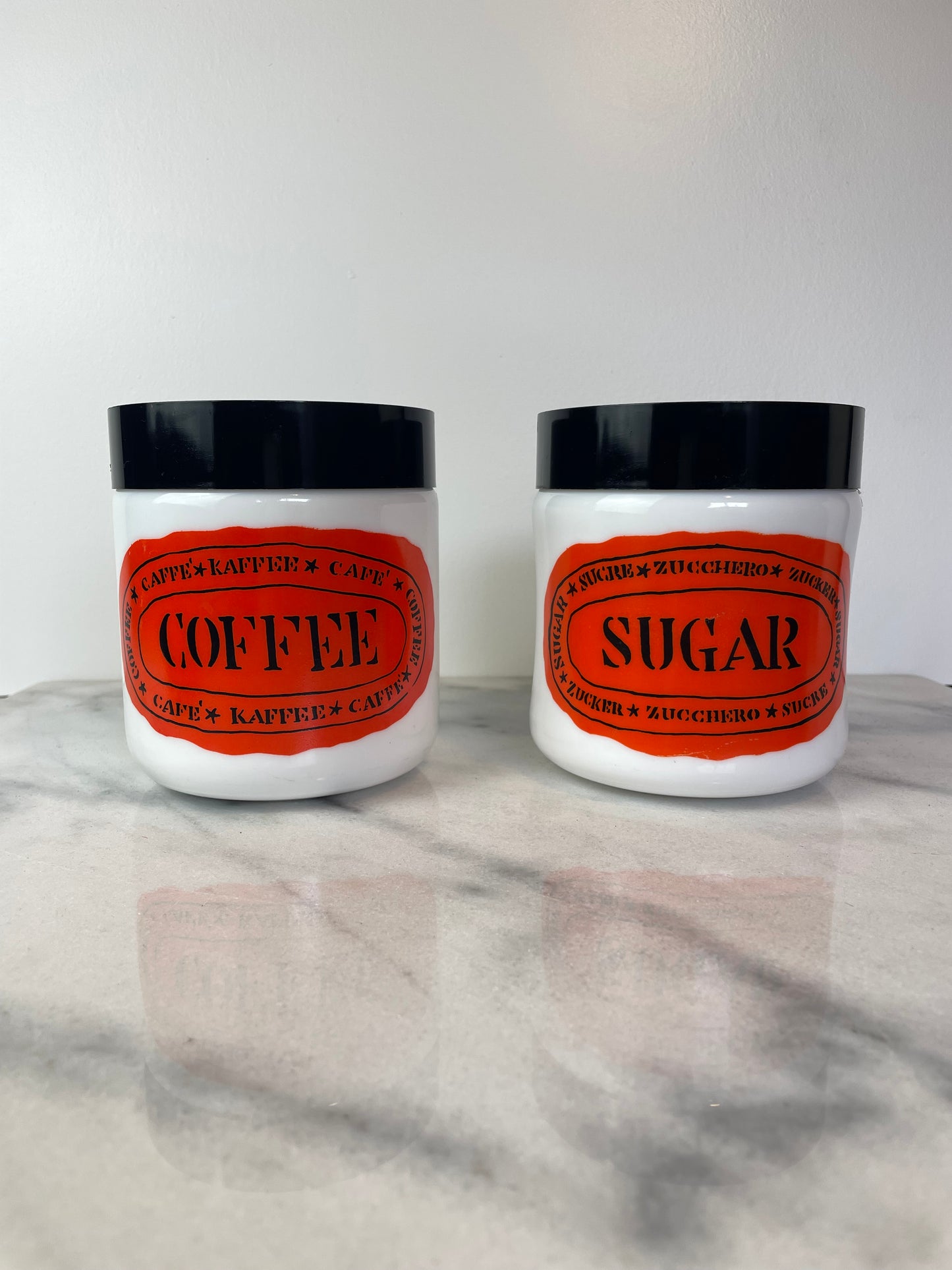 Egizia Italy Milk Glass Graphic Coffee & Sugar Canisters