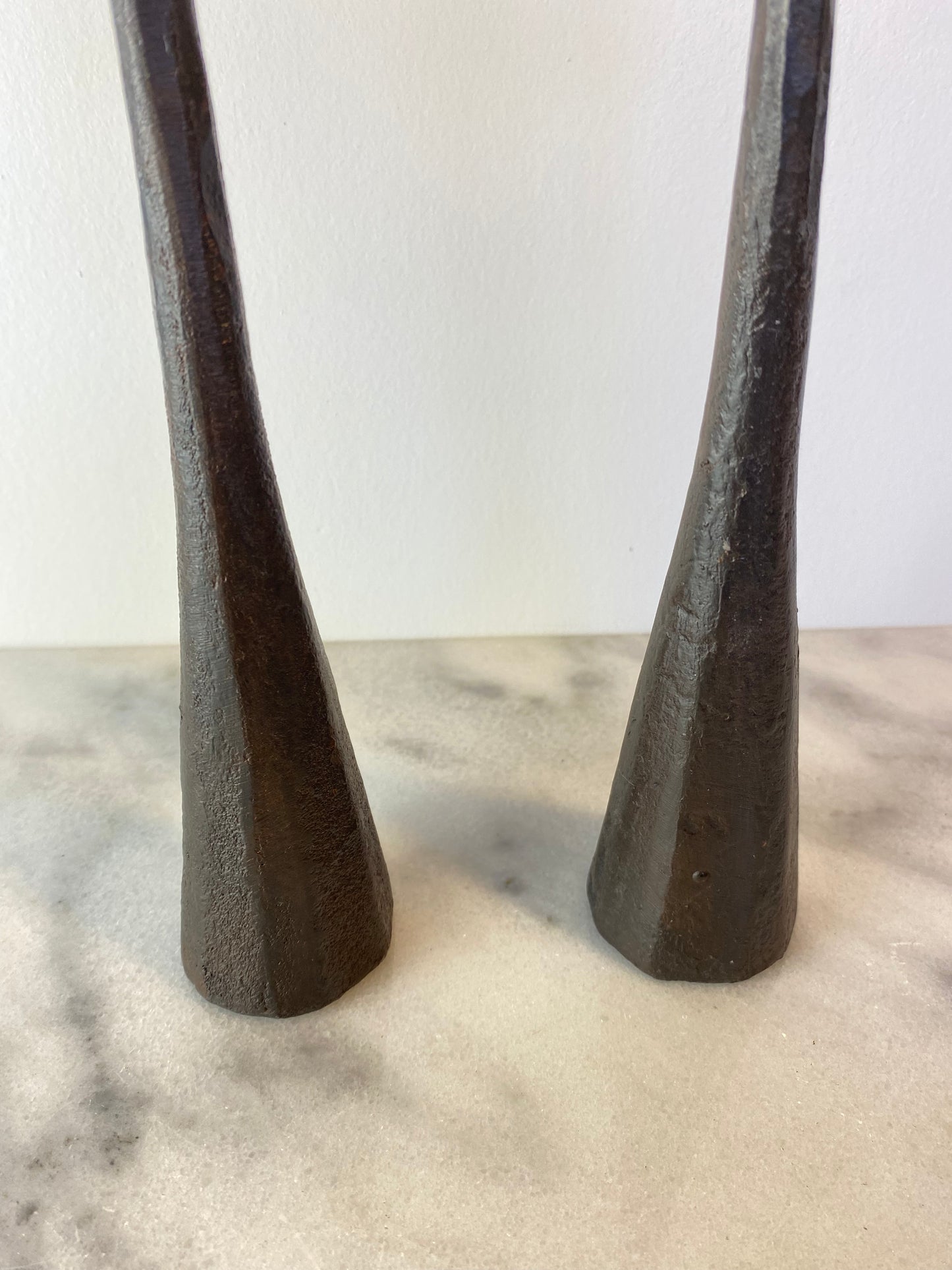 Pair Rustic Forged Iron Candlestick Holders With Mixed Metal Rings Luis Marquez Sekoya Originals