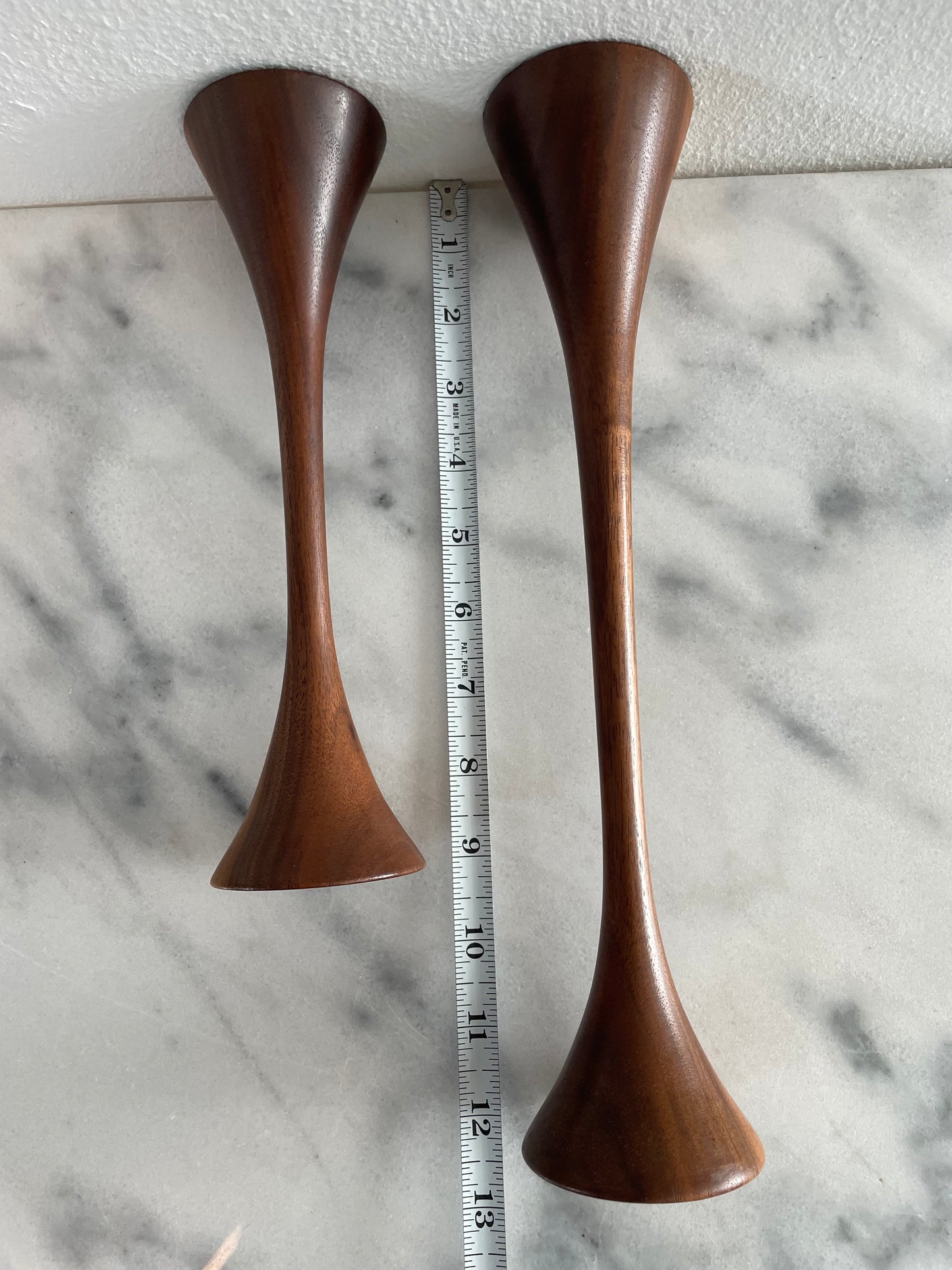 Mid-Century Walnut Tapered Tulip Candlesticks - Pair