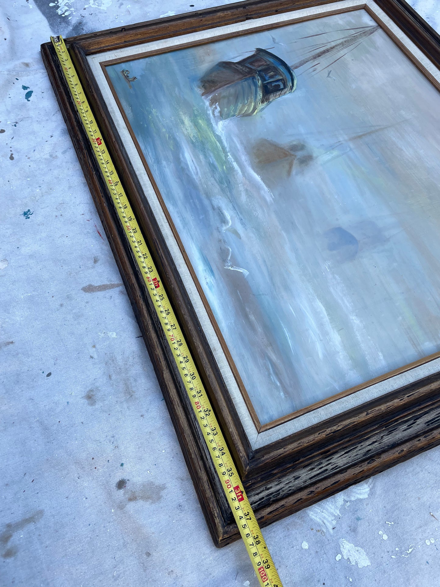 Nautical Seascape Fishing Boats Framed Vintage Oil on Board