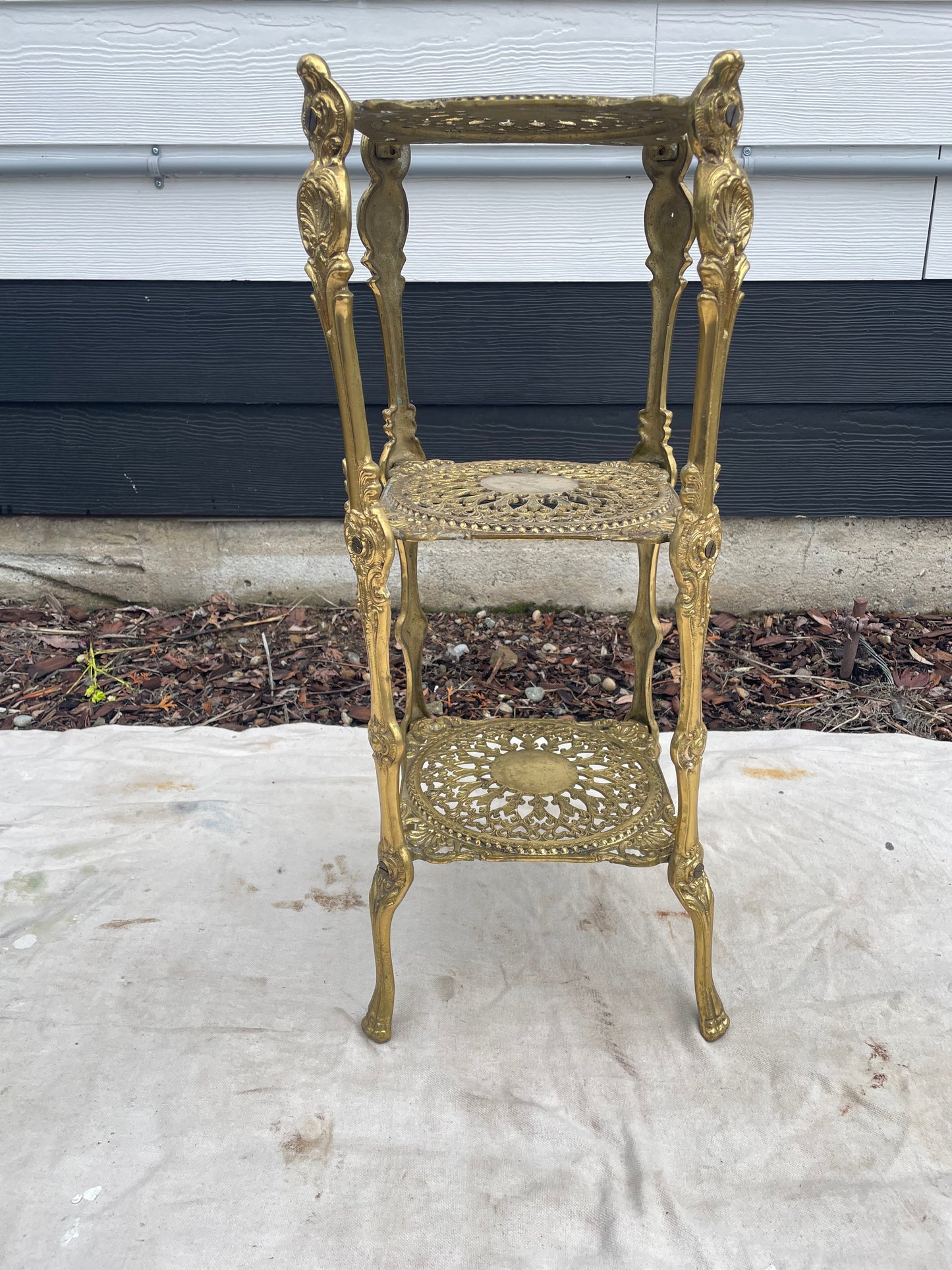 Vintage Ornate Brass Three-Tier Plant Stand Accent Table — Hollywood Regency Style