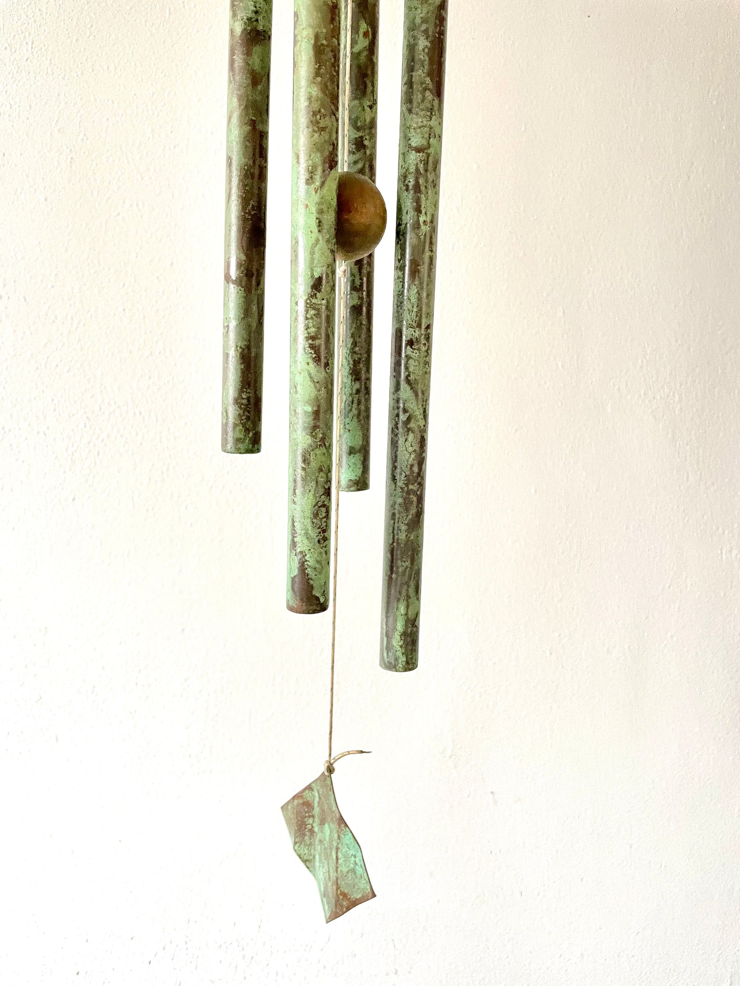 Mid-Century Modern Walter Lamb Style Verdigris Copper and Wood Wind Chime