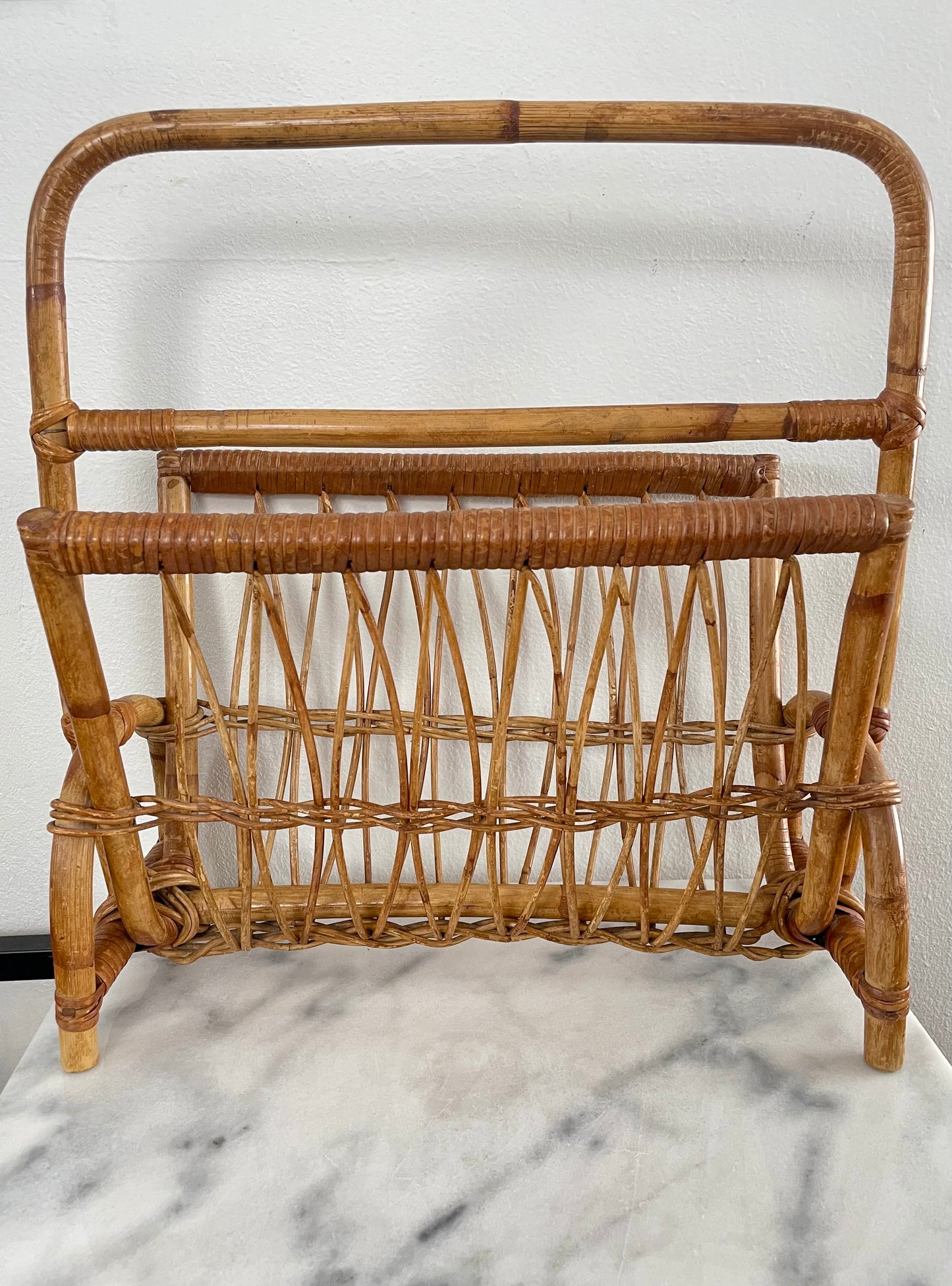 1970s Vintage Franco Albini Style Rattan Bamboo Magazine Rack