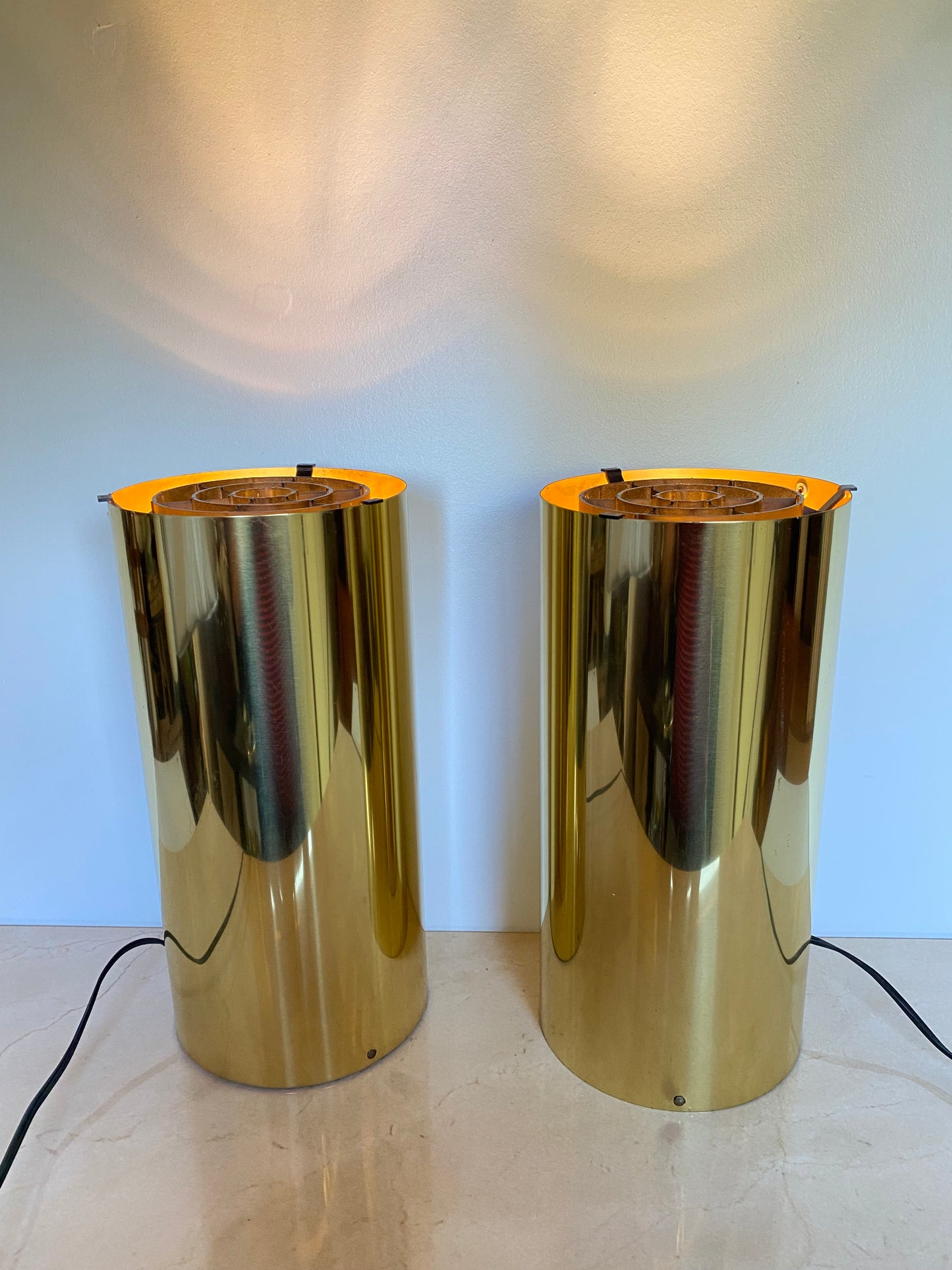 Pair of Vintage Brass Cylinder Table Lamps in the Style of Robert Sonneman, 1970s Modernist Uplights