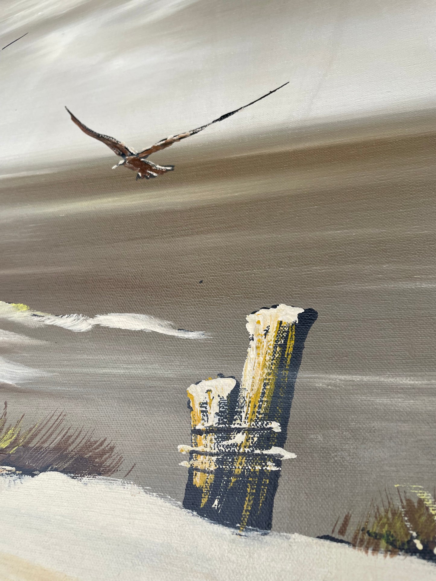 Mid 20th Century Signed Carlson Seascape Oil Painting – Gulls & Dunes on Canvas