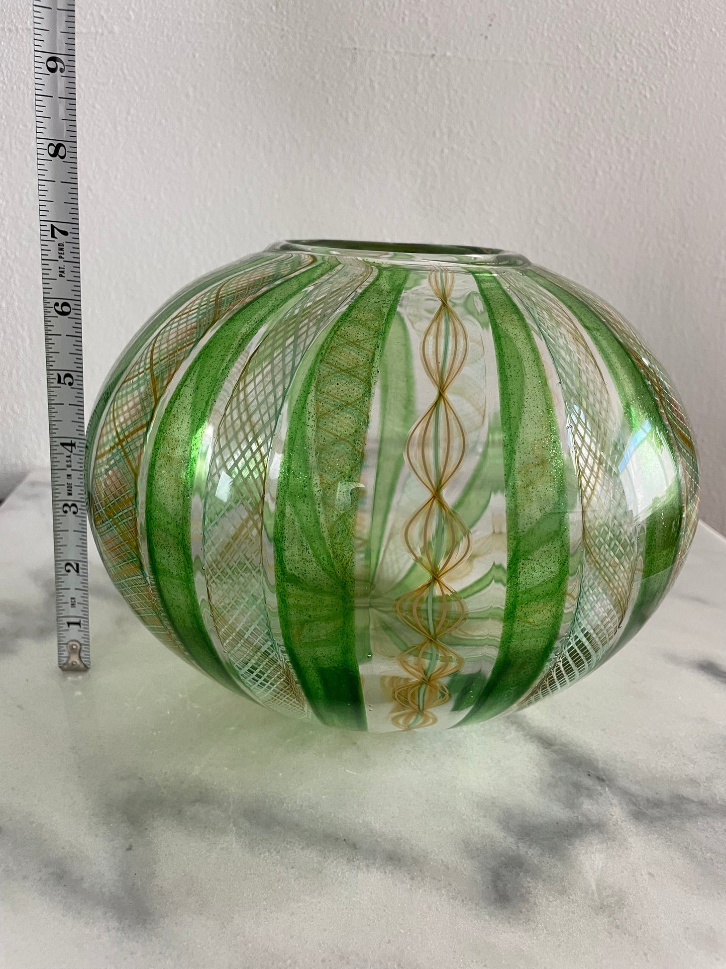 Late 20th Century Handblown Art Glass Vase in Green and Gold Stripe and Plaid Design