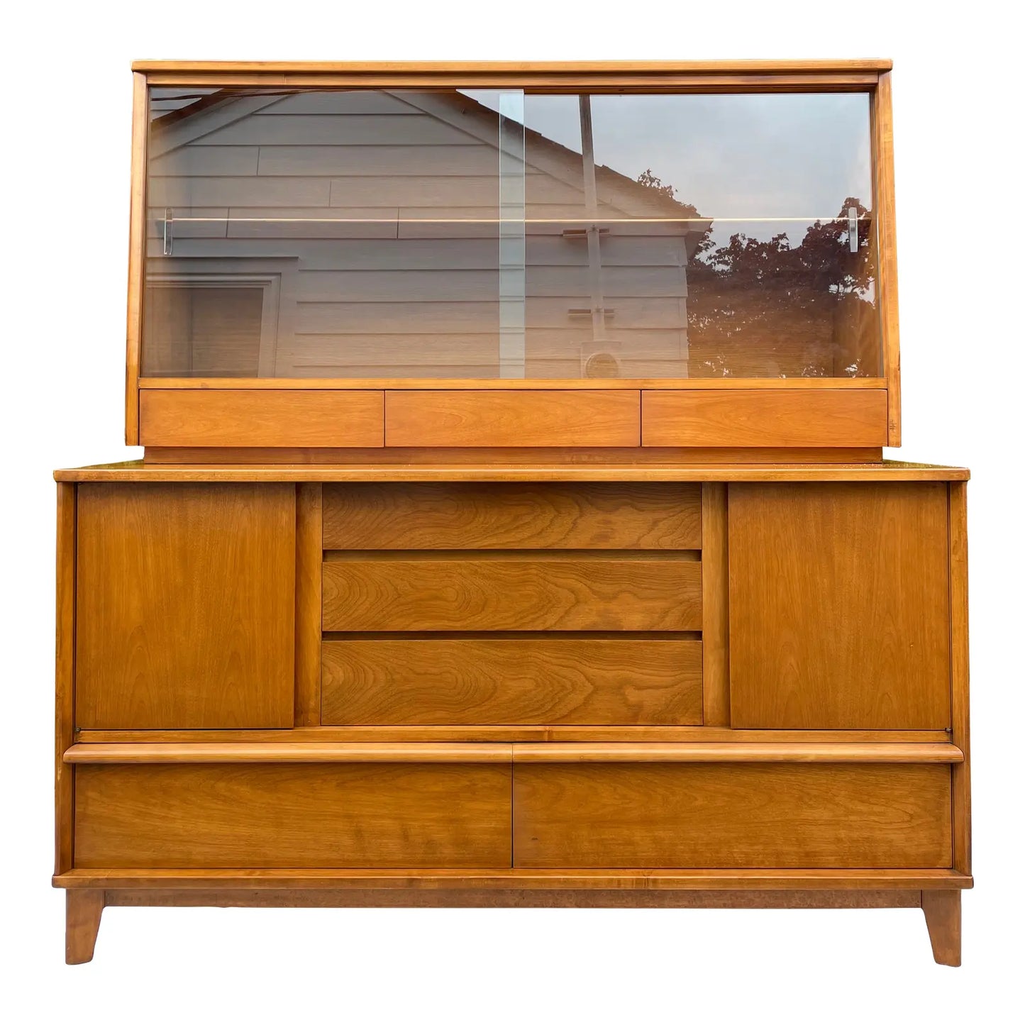 Mid-Century Modern Maple Wood Hutch in Honey With Sliding Glass Display