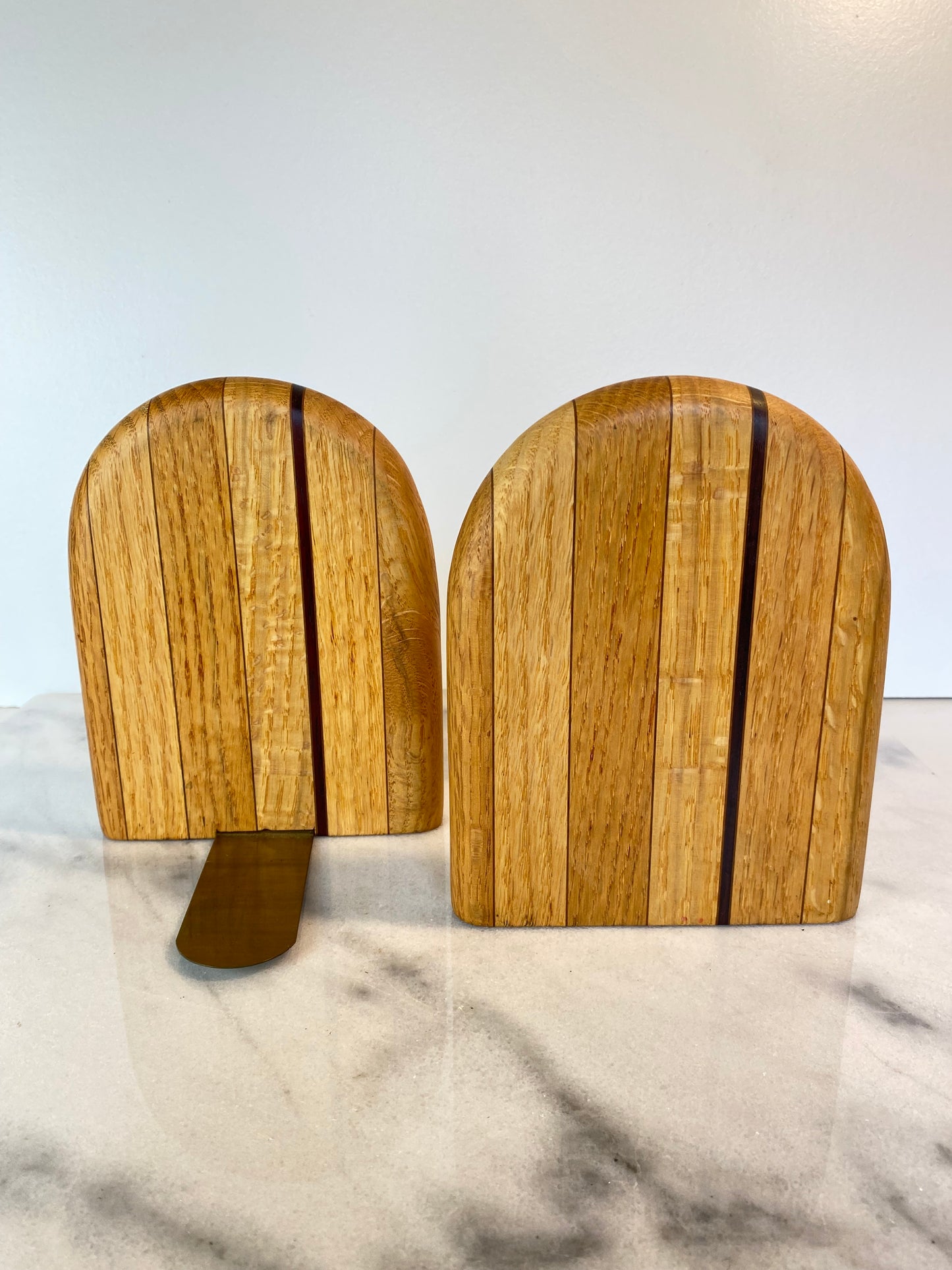 Mid-Century Modern Rounded White Oak & Brass Bookends - A Pair