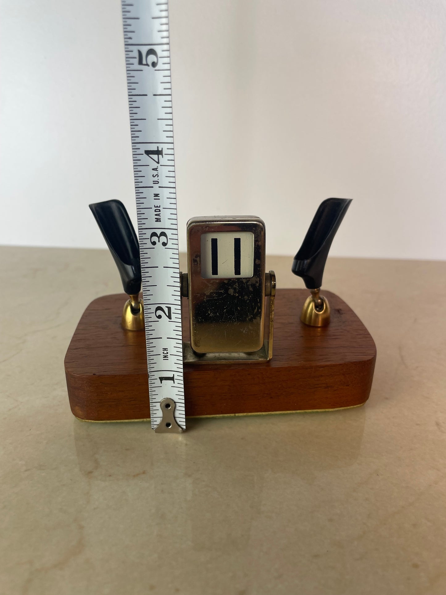 Mid-Century Brass & Walnut Perpetual Calendar Desk Set With Pen Holders