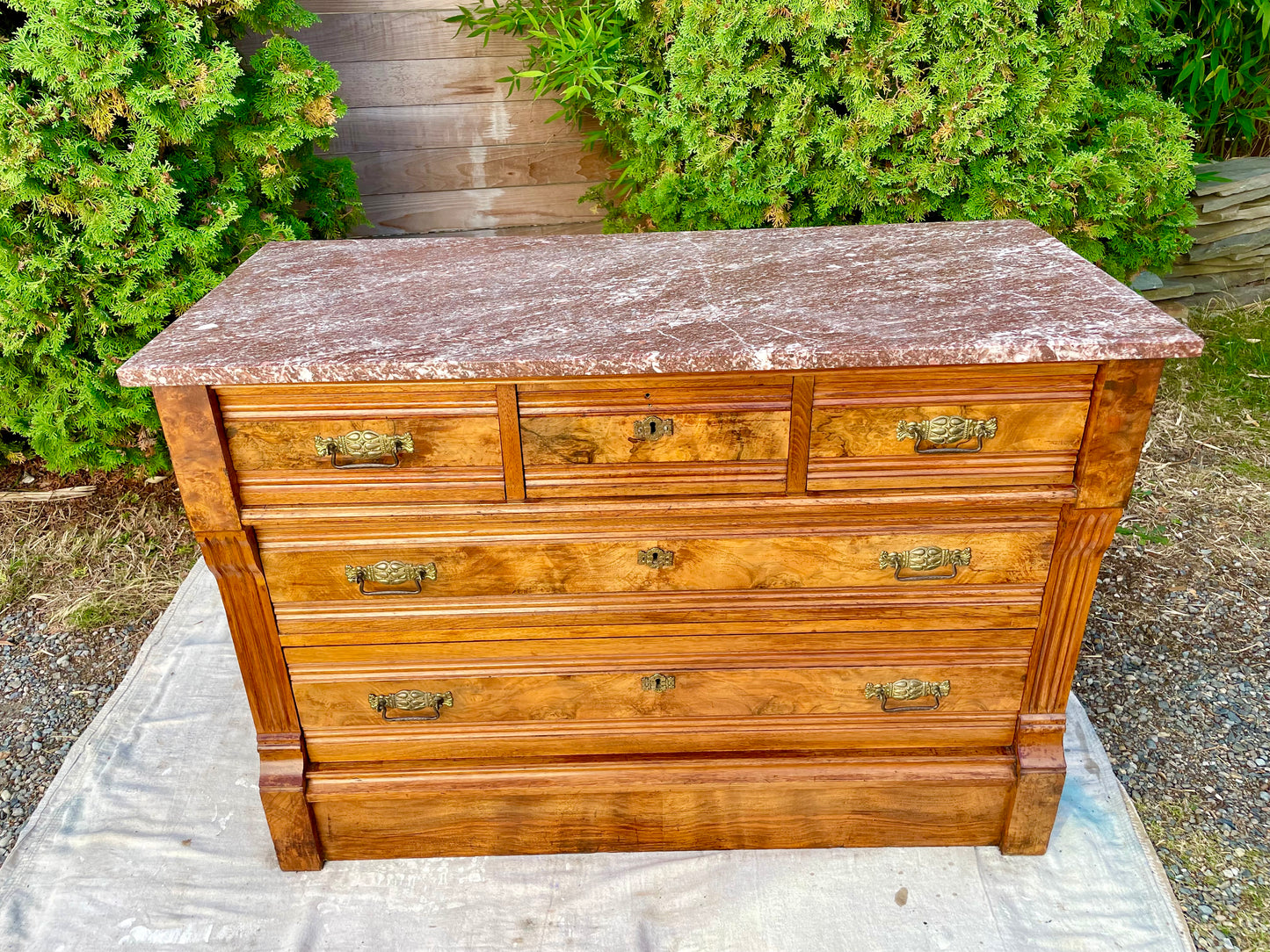 Early 20th Century Victorian Oxblood Marble 5 Drawer Chest Dresser
