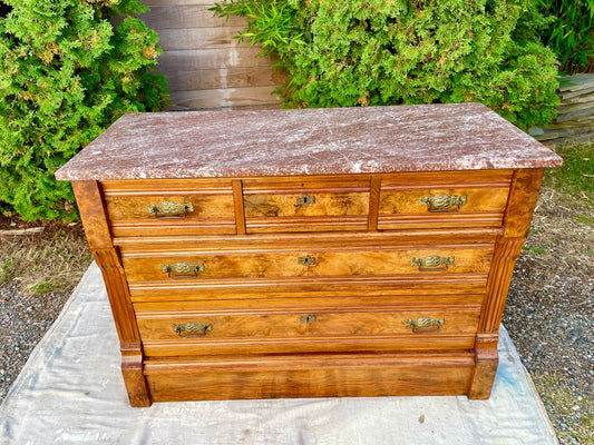Early 20th Century Victorian Oxblood Marble 5 Drawer Chest Dresser