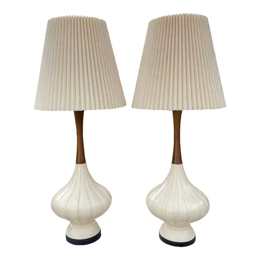 Mid-Century Modern Elongated Fortune Lamp Co. Teardrop Table Lamp in Walnut & Porcelain - A Pair