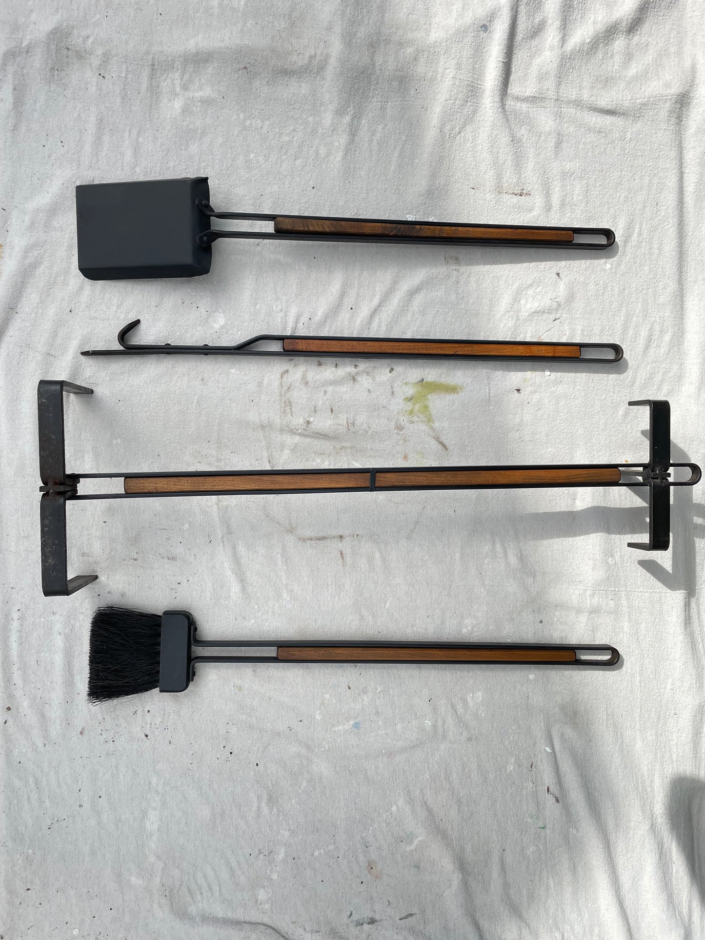 Mid Century Tony Paul Style Wood and Wrought Iron Fireplace Tools Set- 4 Pieces