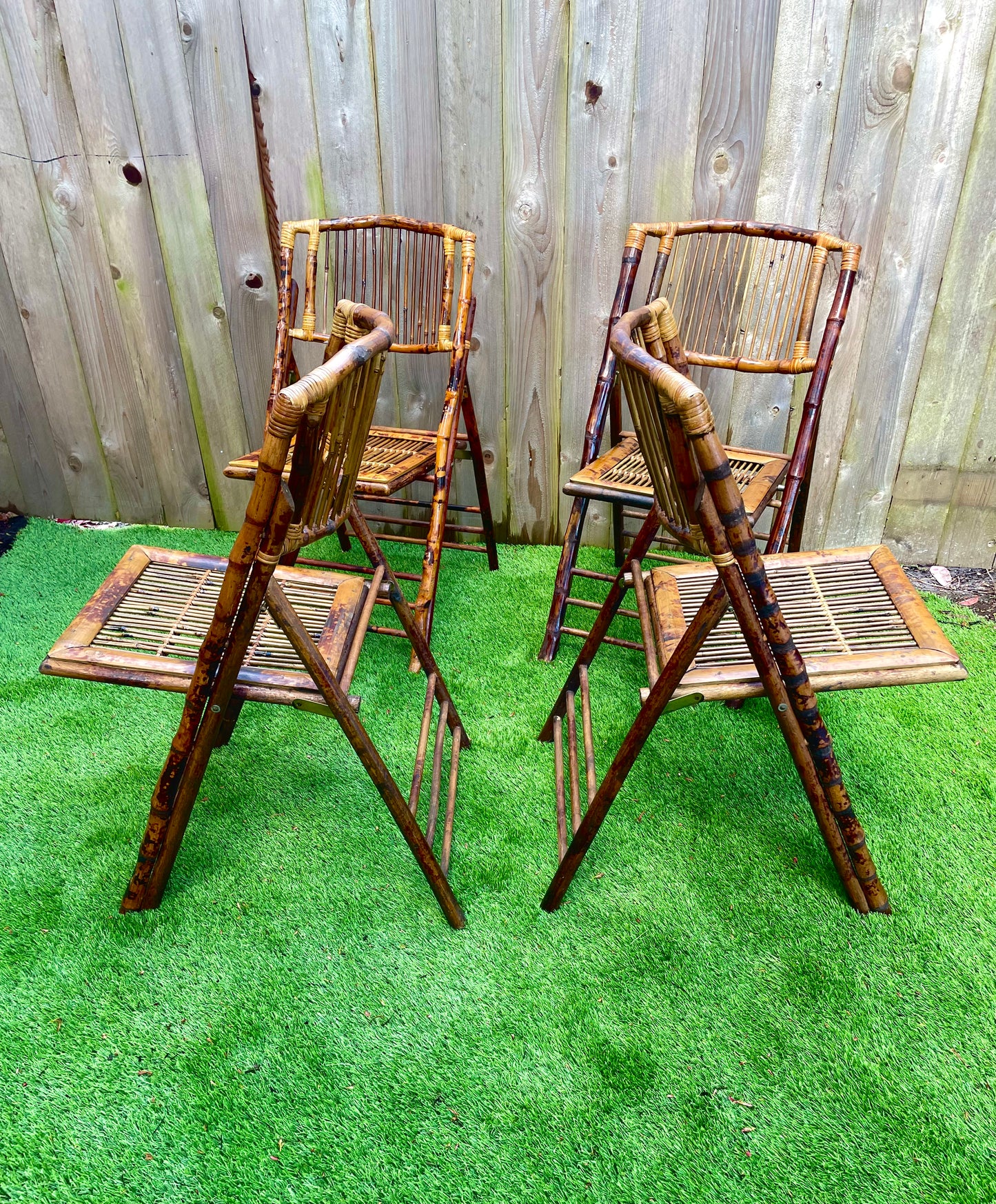 Mid 20th Century Vintage Tortoiseshell Bamboo Folding Chairs - Set of 4