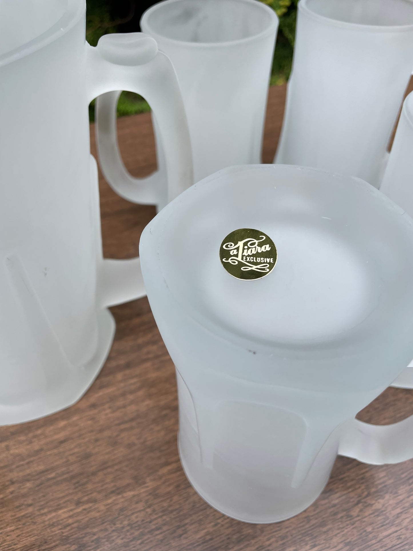 1970s Mid-Century Modern Frosted Sculpted Glass Pitcher & Mugs - Set of 5