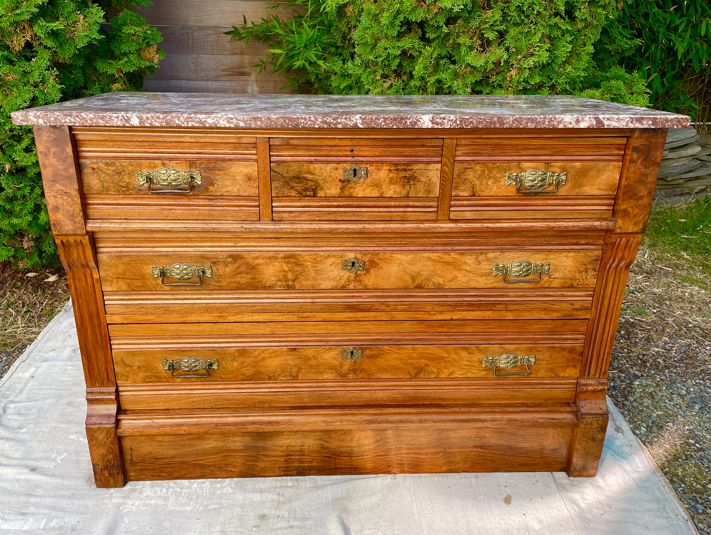 Early 20th Century Victorian Oxblood Marble 5 Drawer Chest Dresser