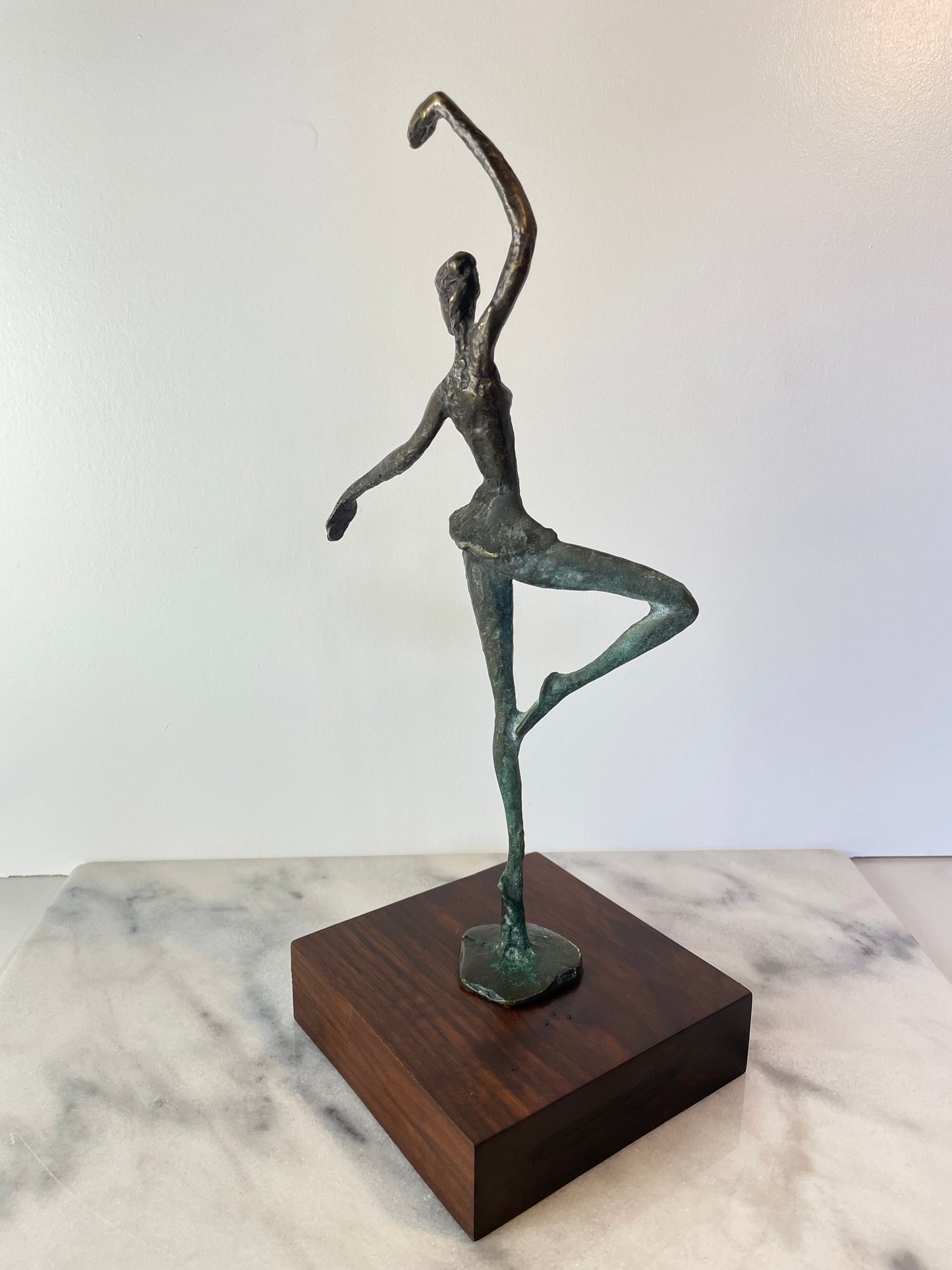 Vintage Abstract Bronze Ballerina Sculpture on Wood Base — Mid-Century Modern Figurative Art