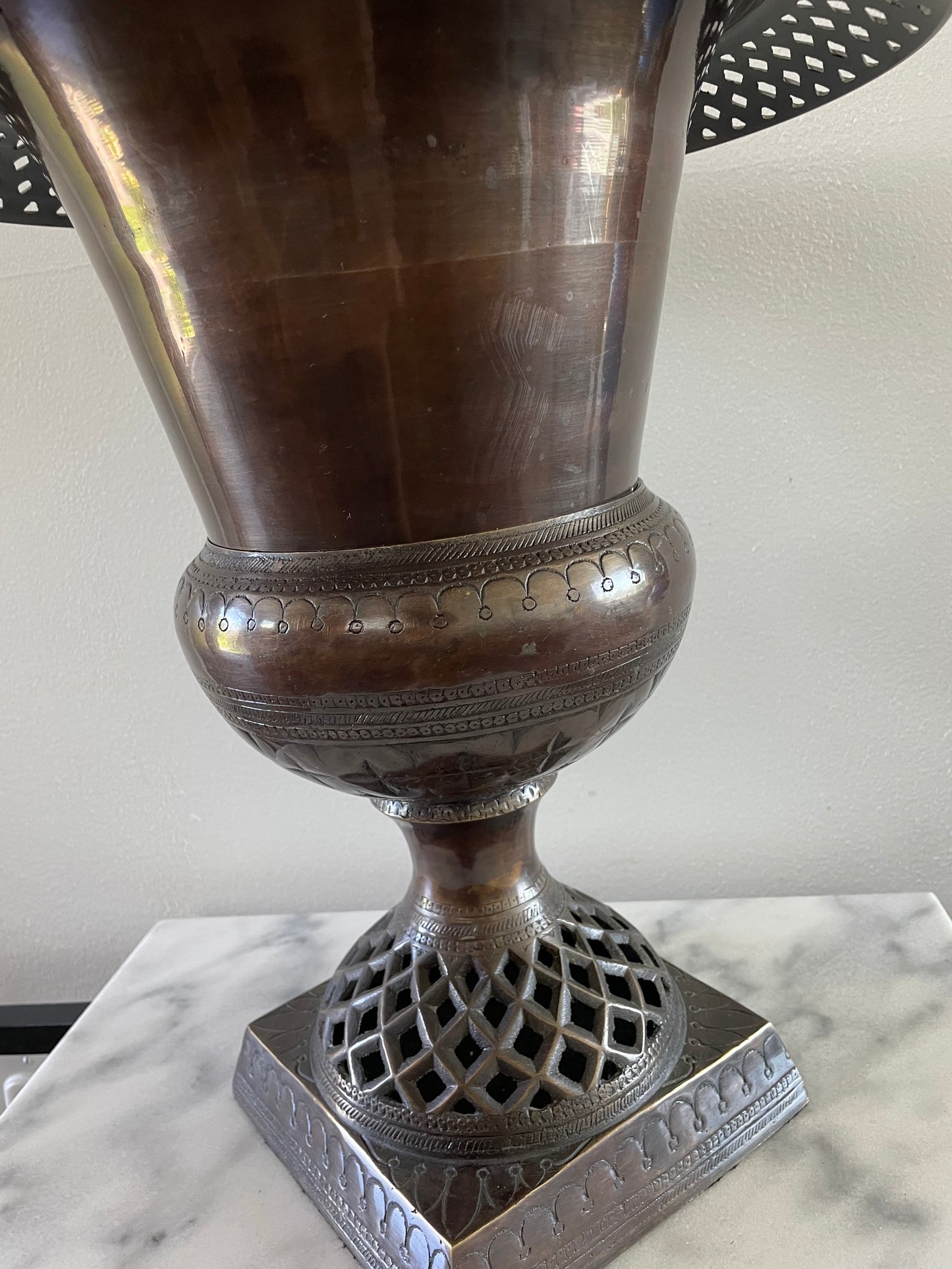 Large Late 20th Century Solid Brads Urn Vase With Pierced Detailing