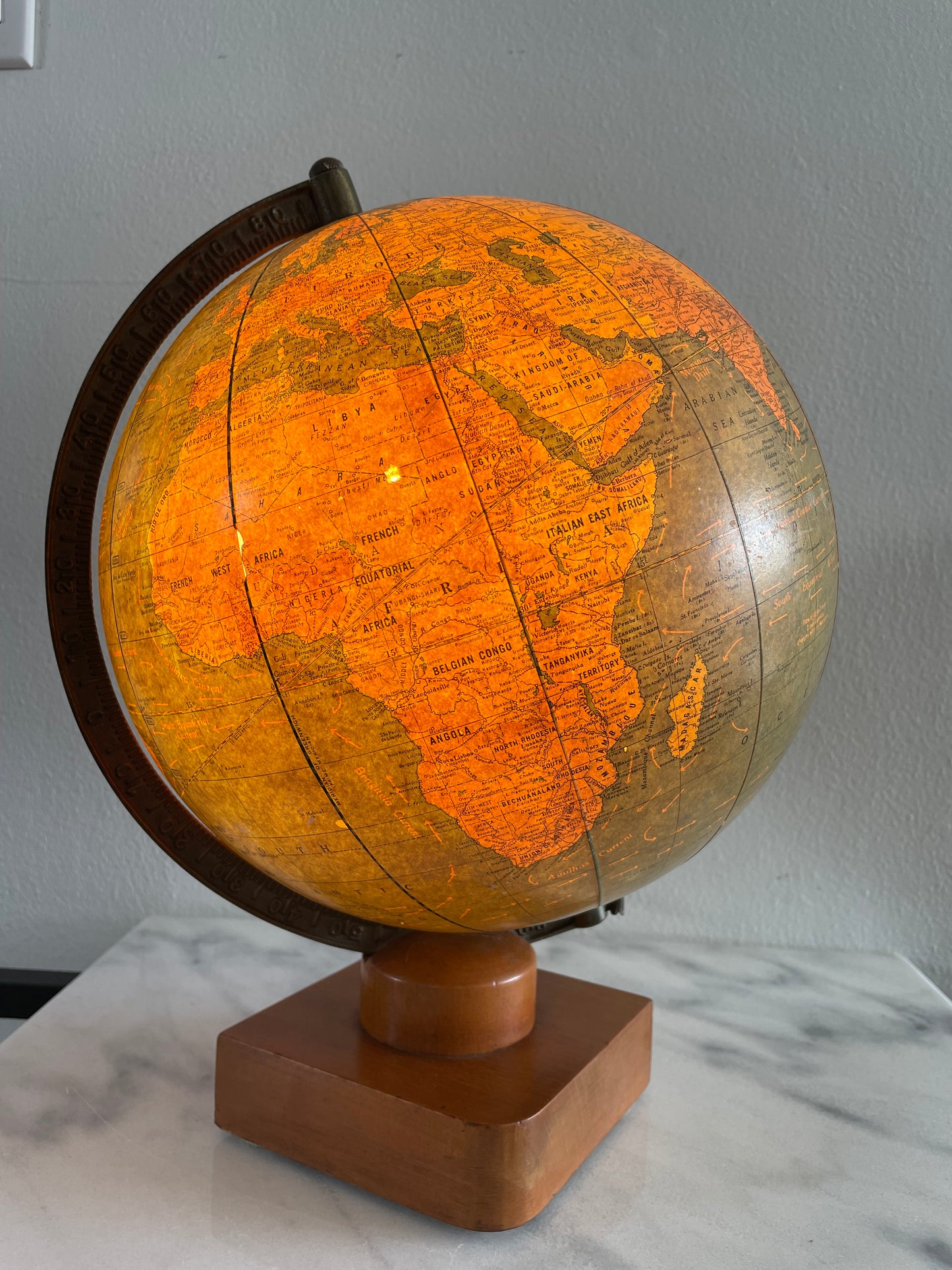 1941 George F Cram Terrestrial Glass Illuminated Globe