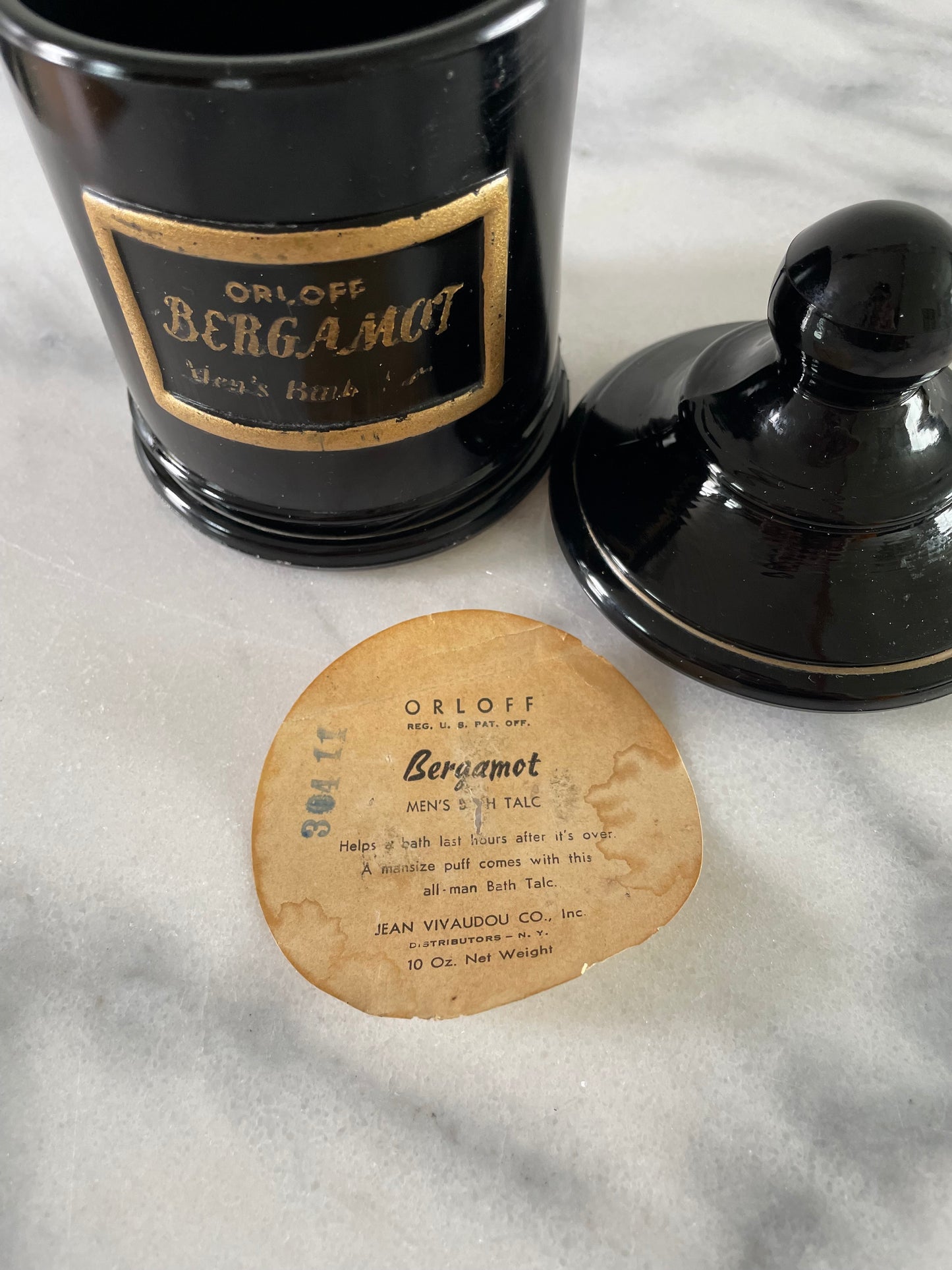 Vintage Black Glass Apothecary Jar Jean Vivaudou Co. Orloff Bergamot Men's Bath Talc