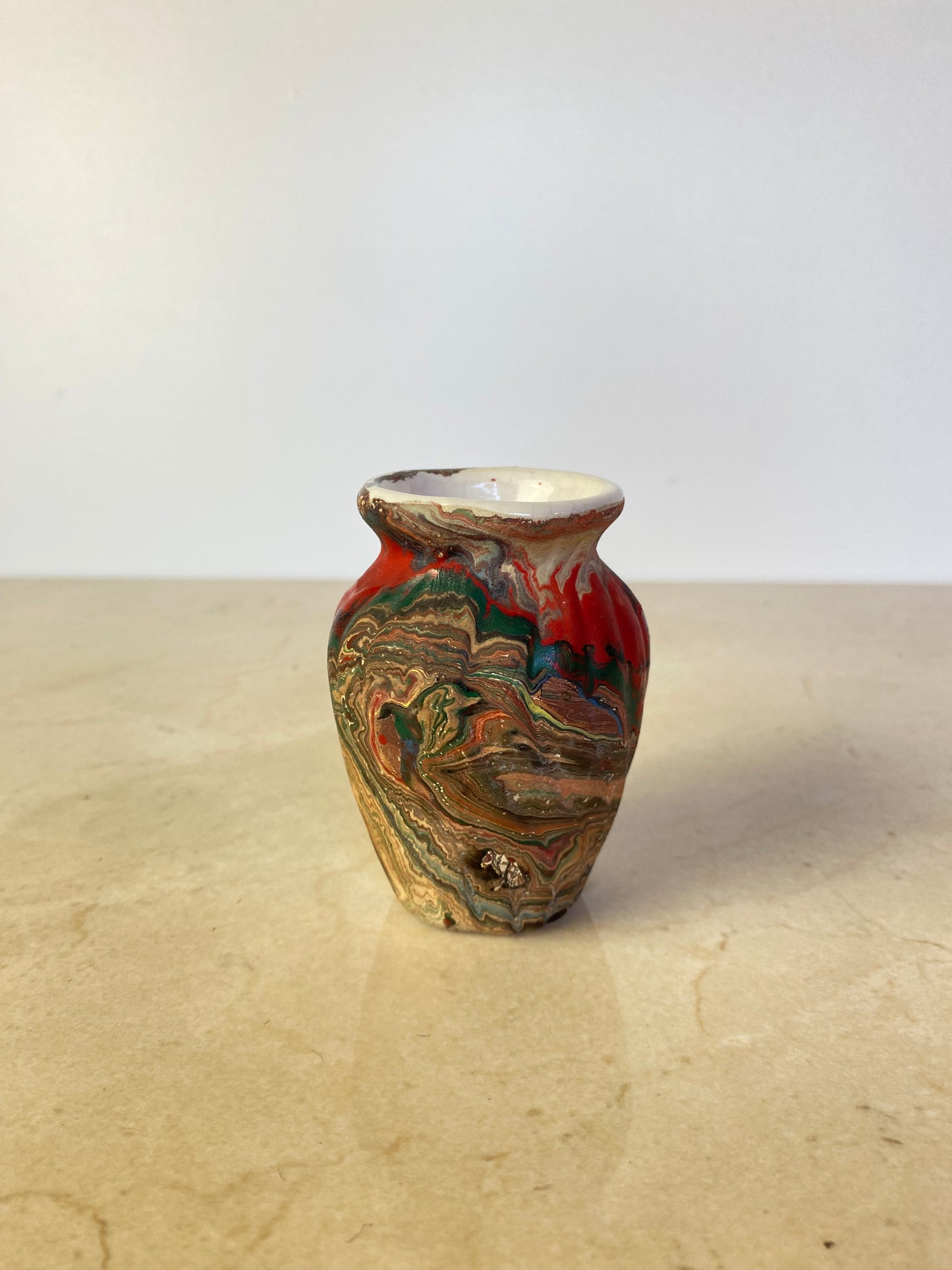 Vintage Marbled Porcelain Bud Vase in the Style of Nemadji or Ozark Pottery, Swirl Glaze Ceramic Vessel