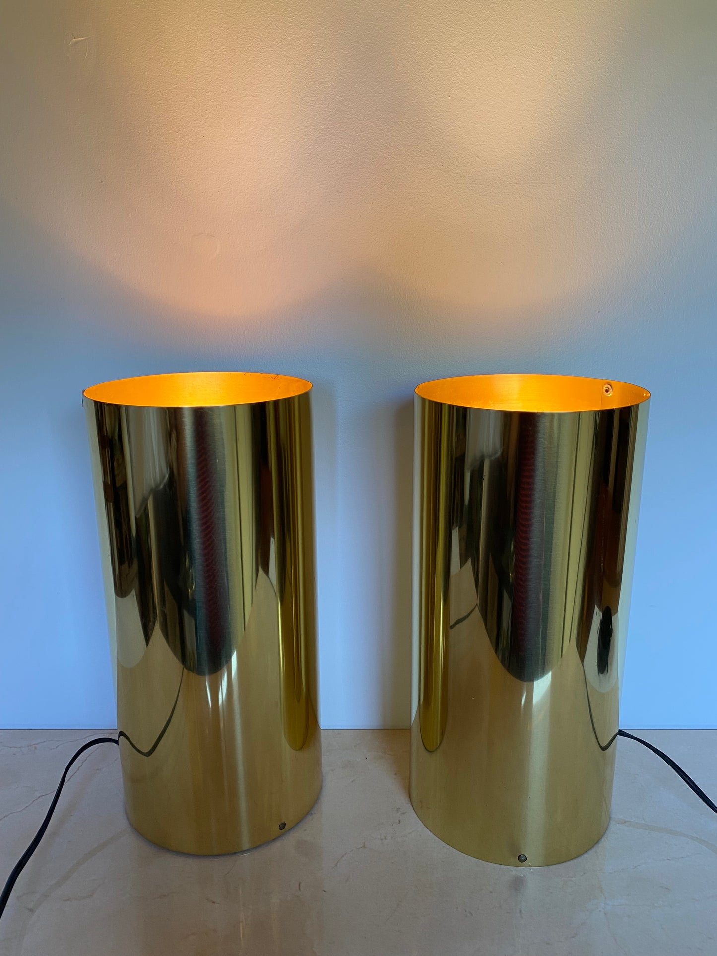 Pair of Vintage Brass Cylinder Table Lamps in the Style of Robert Sonneman, 1970s Modernist Uplights