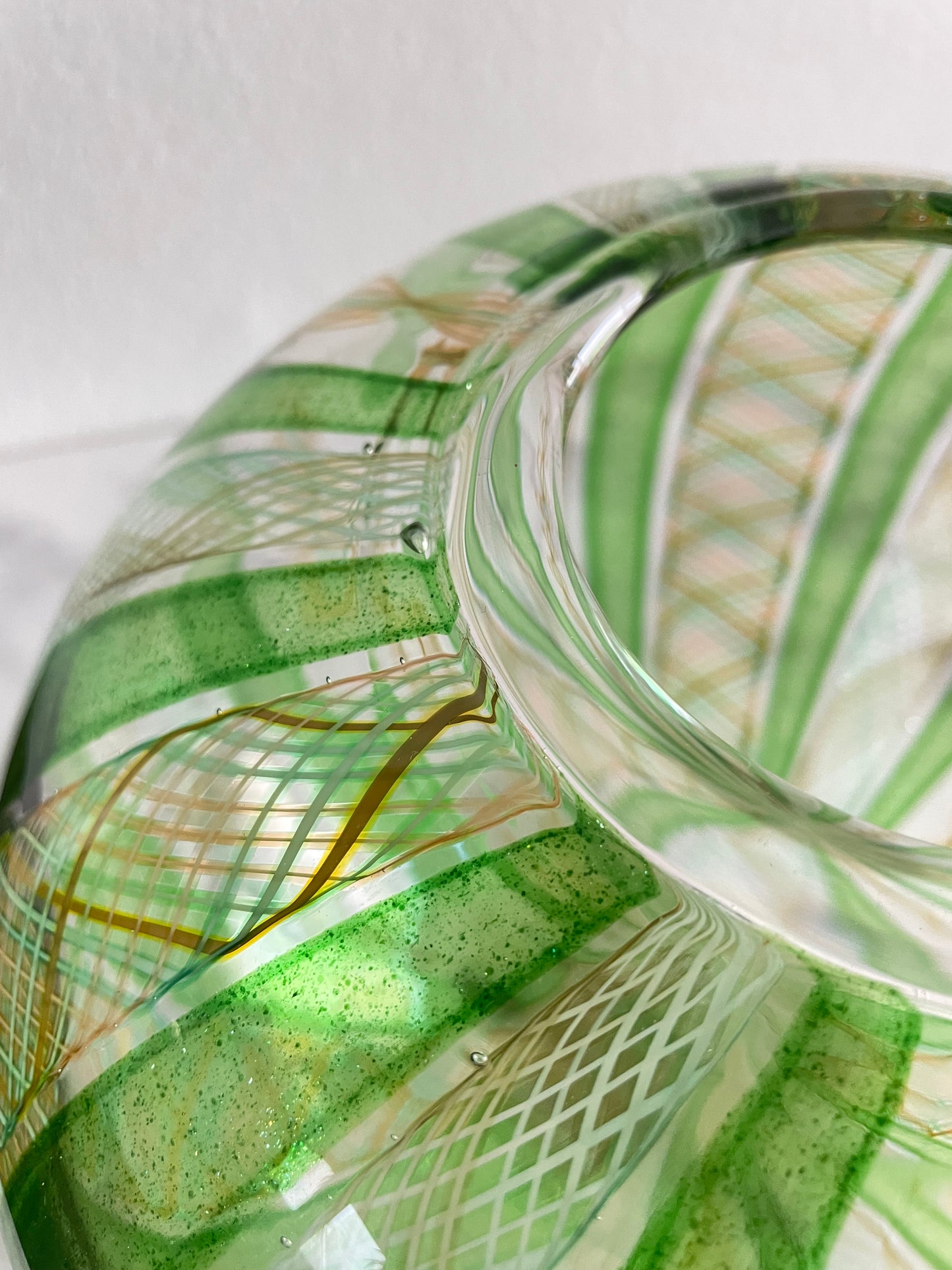 Late 20th Century Handblown Art Glass Vase in Green and Gold Stripe and Plaid Design