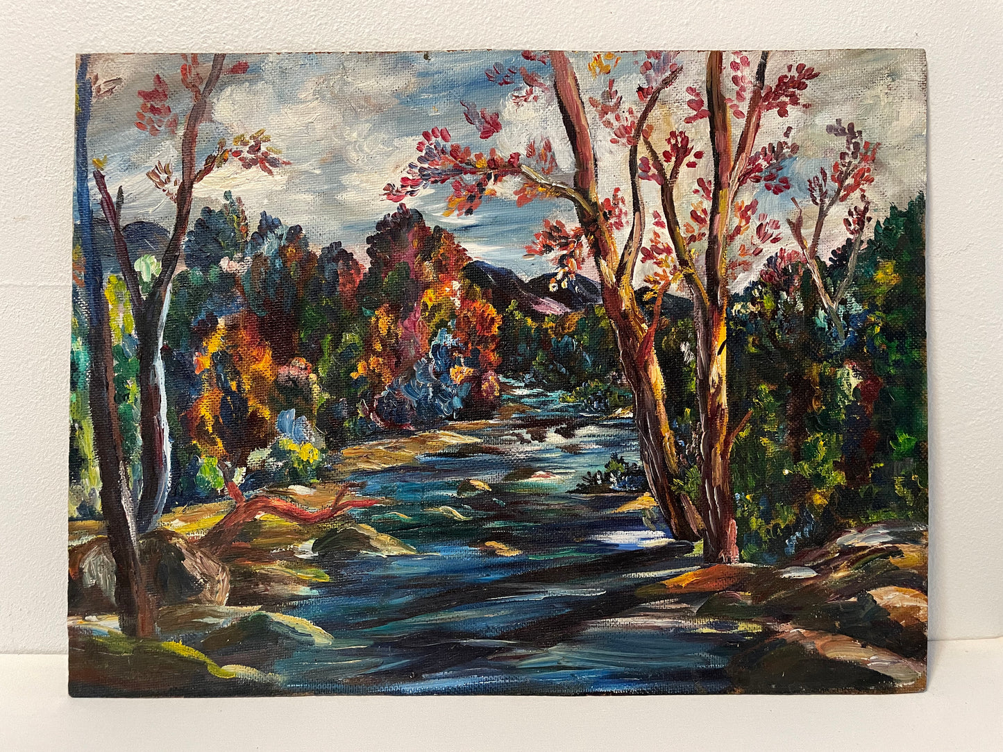 Mid-Century Colorful Sunset Forest and River Landscape , Acrylic on Fiberboard Painting