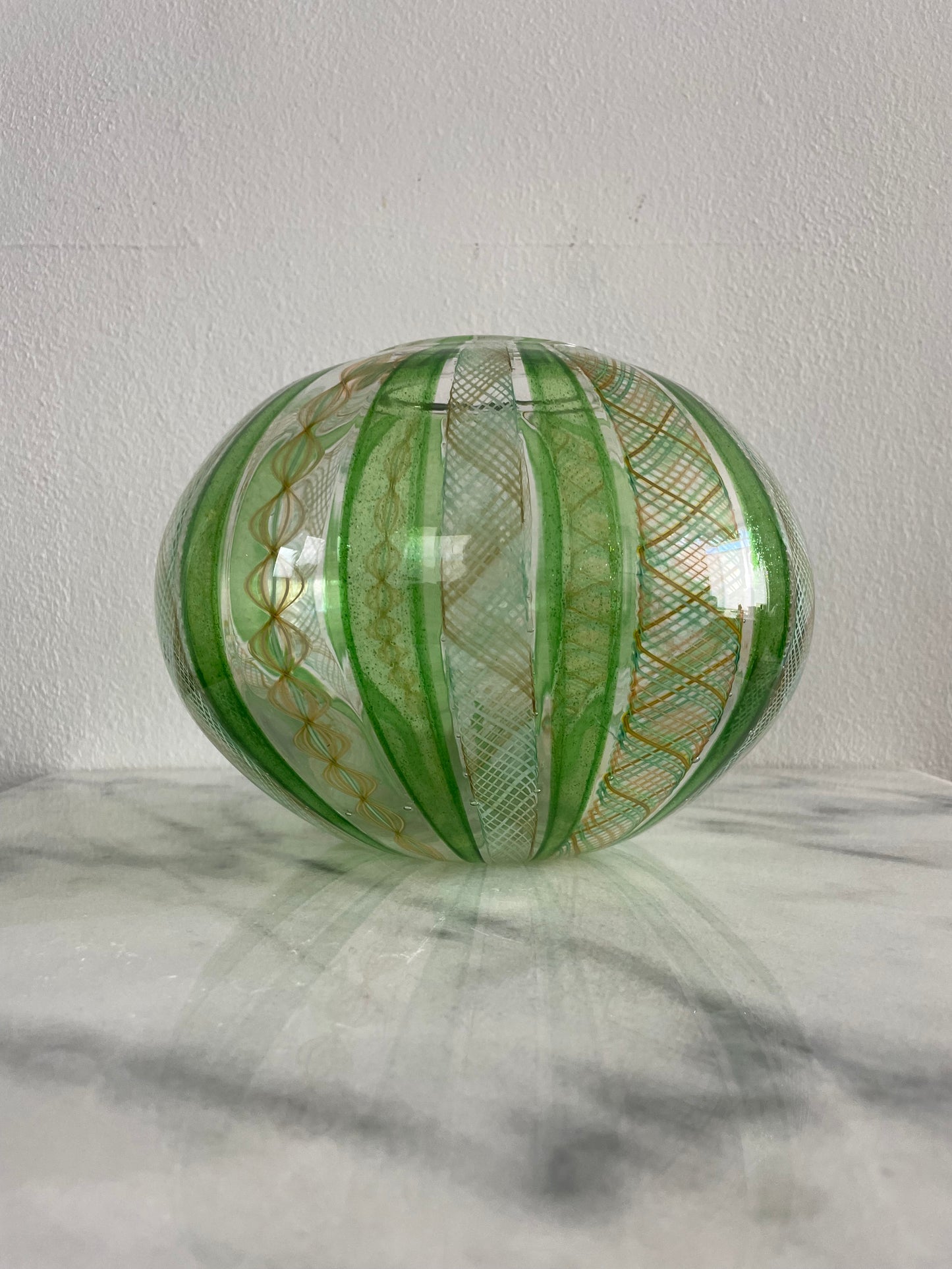 Late 20th Century Handblown Art Glass Vase in Green and Gold Stripe and Plaid Design