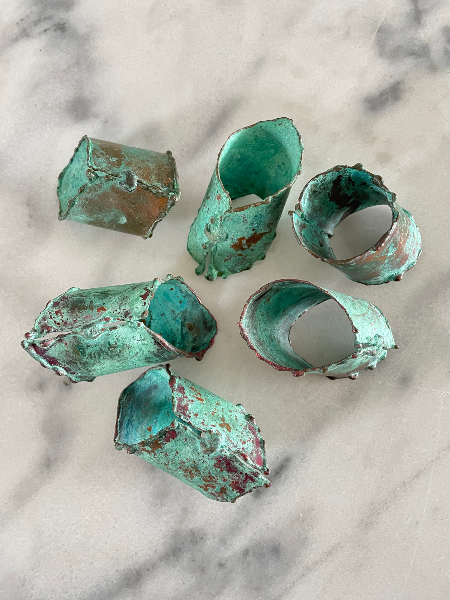 Mid 20th Century Rustic Verdigris Patina Copper Napkin Rings - Set of 6
