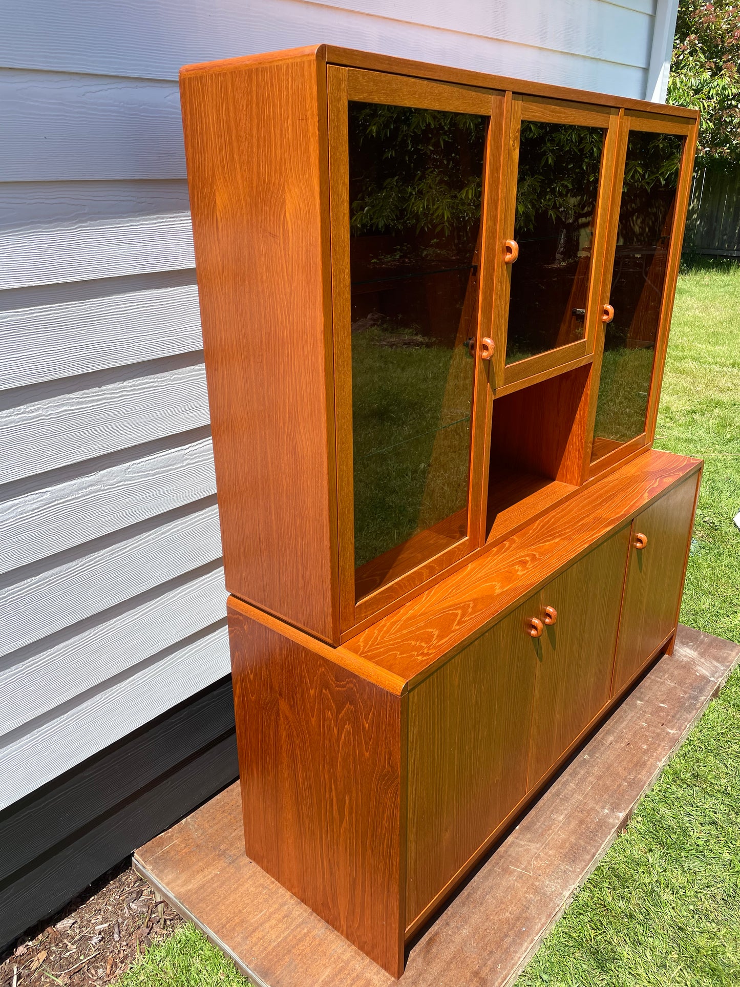 Mid-Century Danish Modern Teak Credenza W/ Lighted Glass Hutch