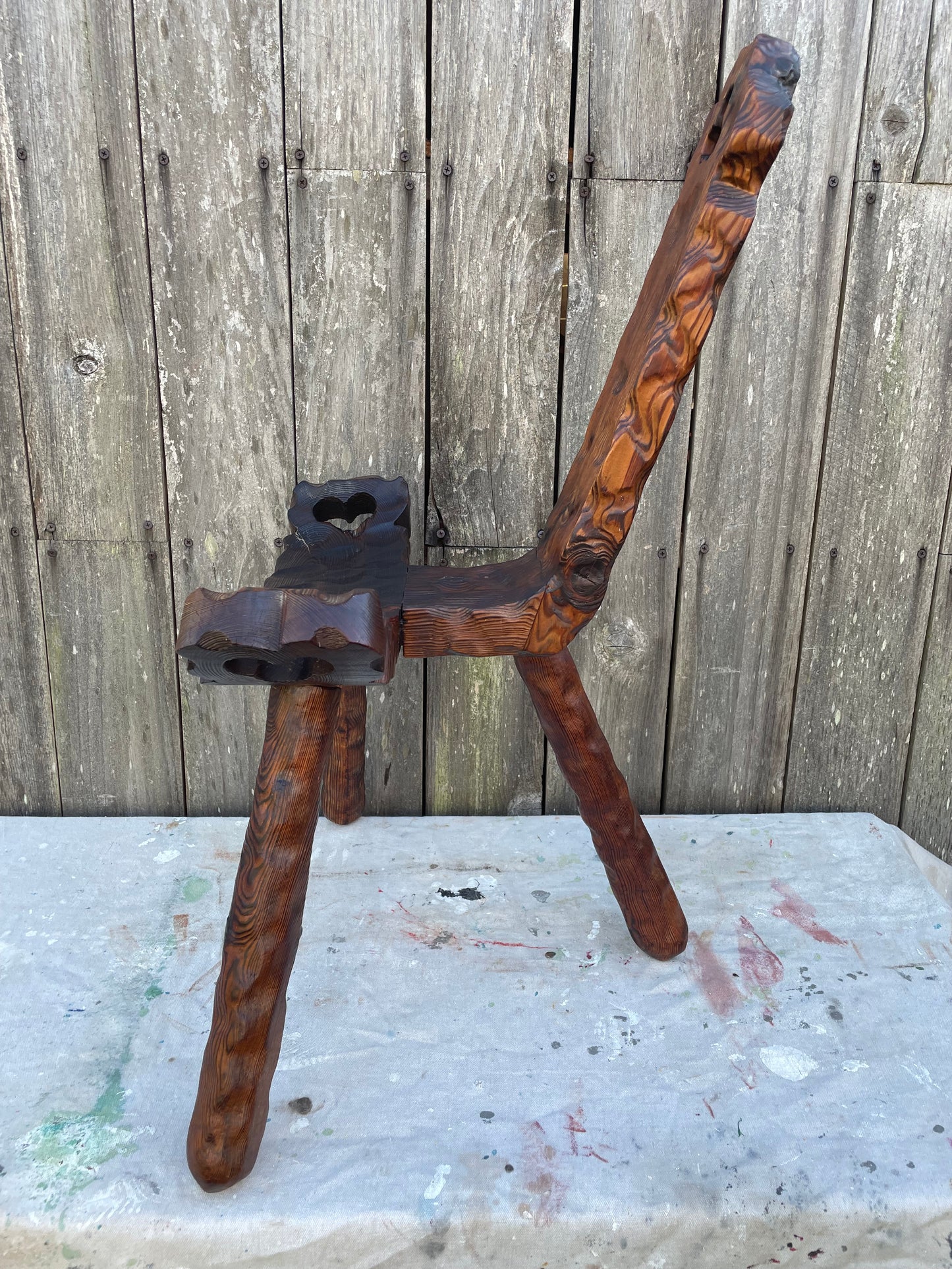 Mid 20th Century Spanish Sculptural Carved Wood Tripod Birthing Chair