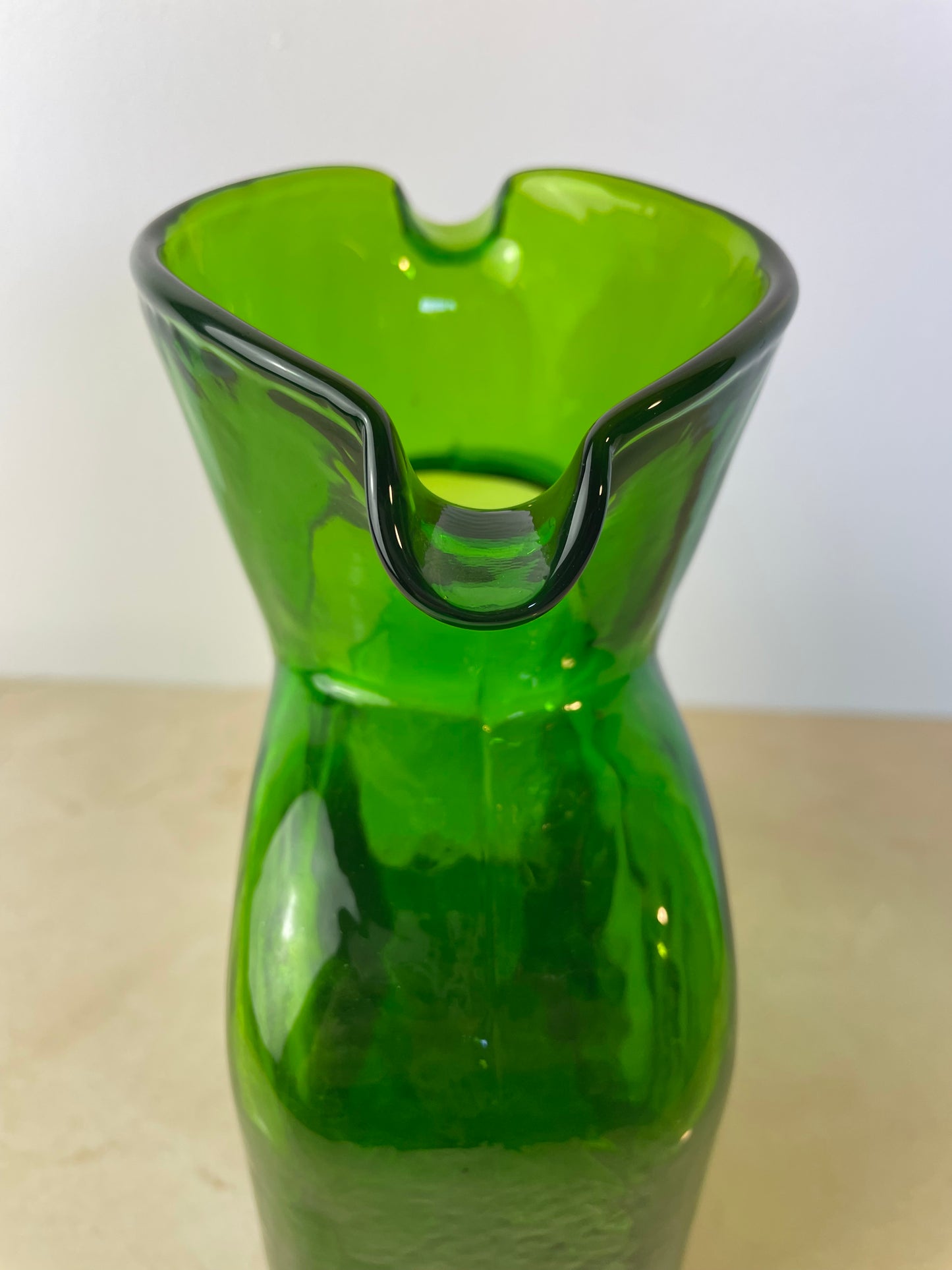 Mid 20th Century Blenko Emerald Green Double Spout Water Bottle Pitcher