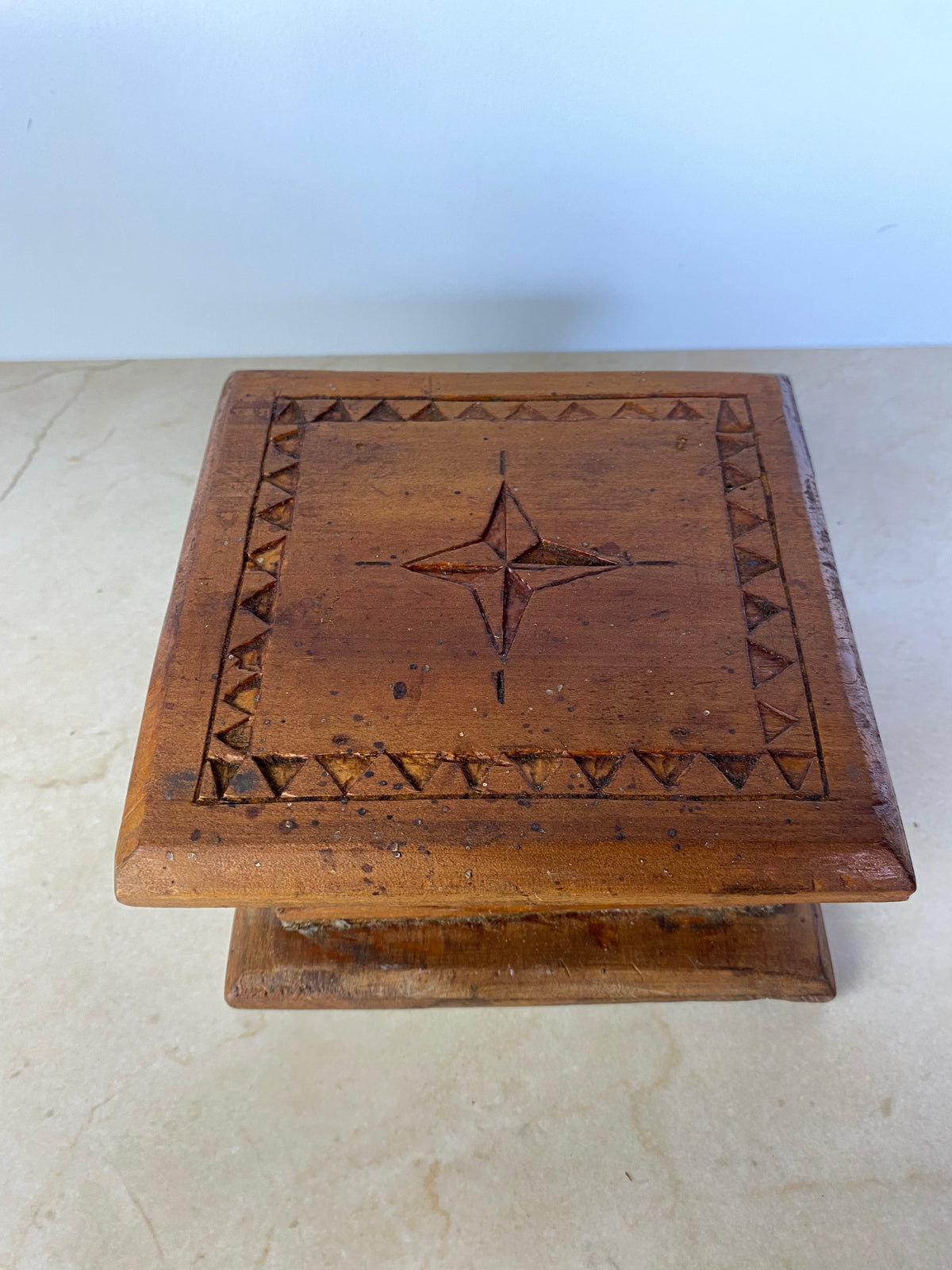 Vintage Hand-Carved Wood Folk Art Lidded Box With Star Motif