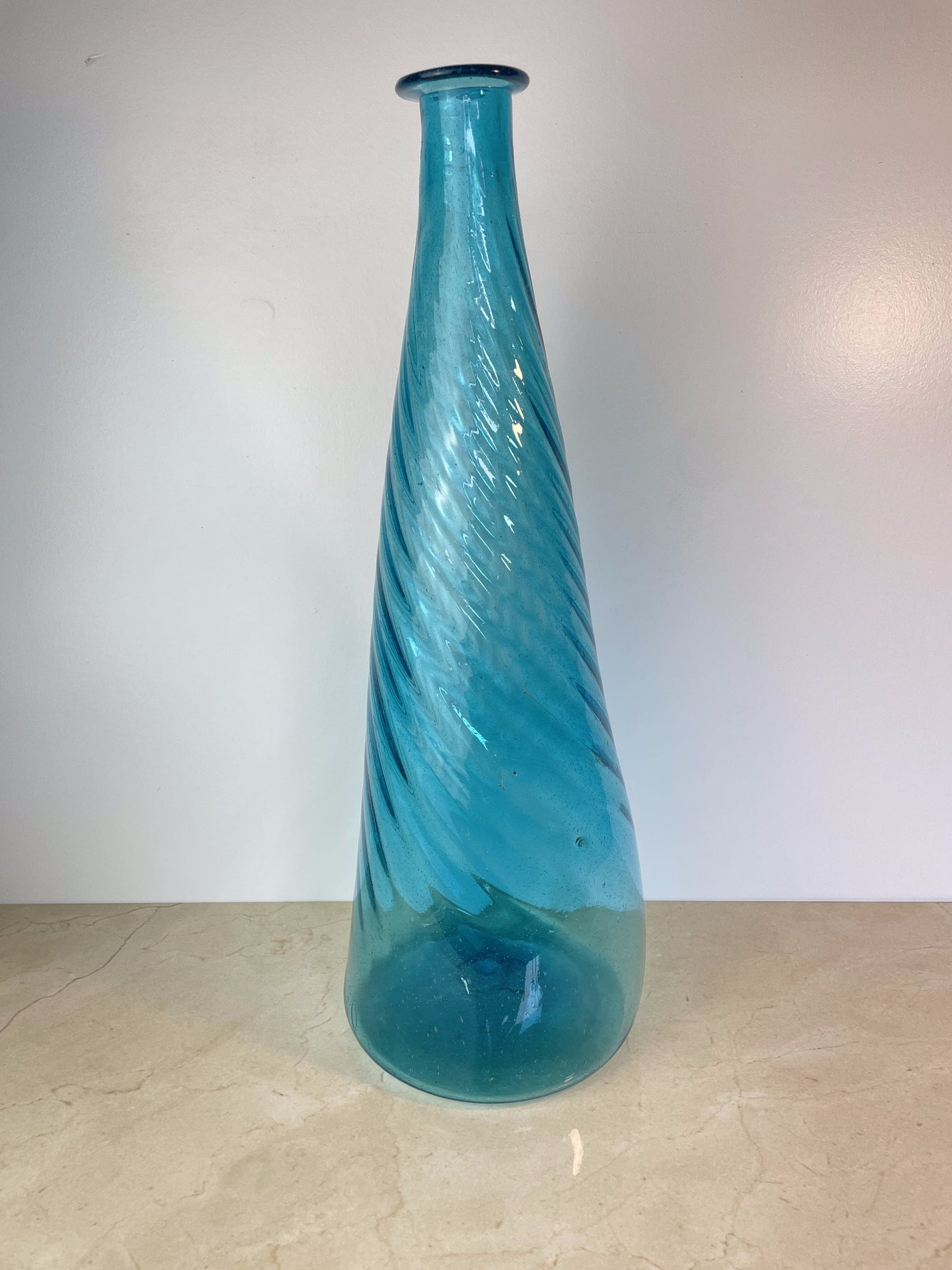 Vintage Hand-Blown Aqua Optic Swirl Art Glass Floor Bottle