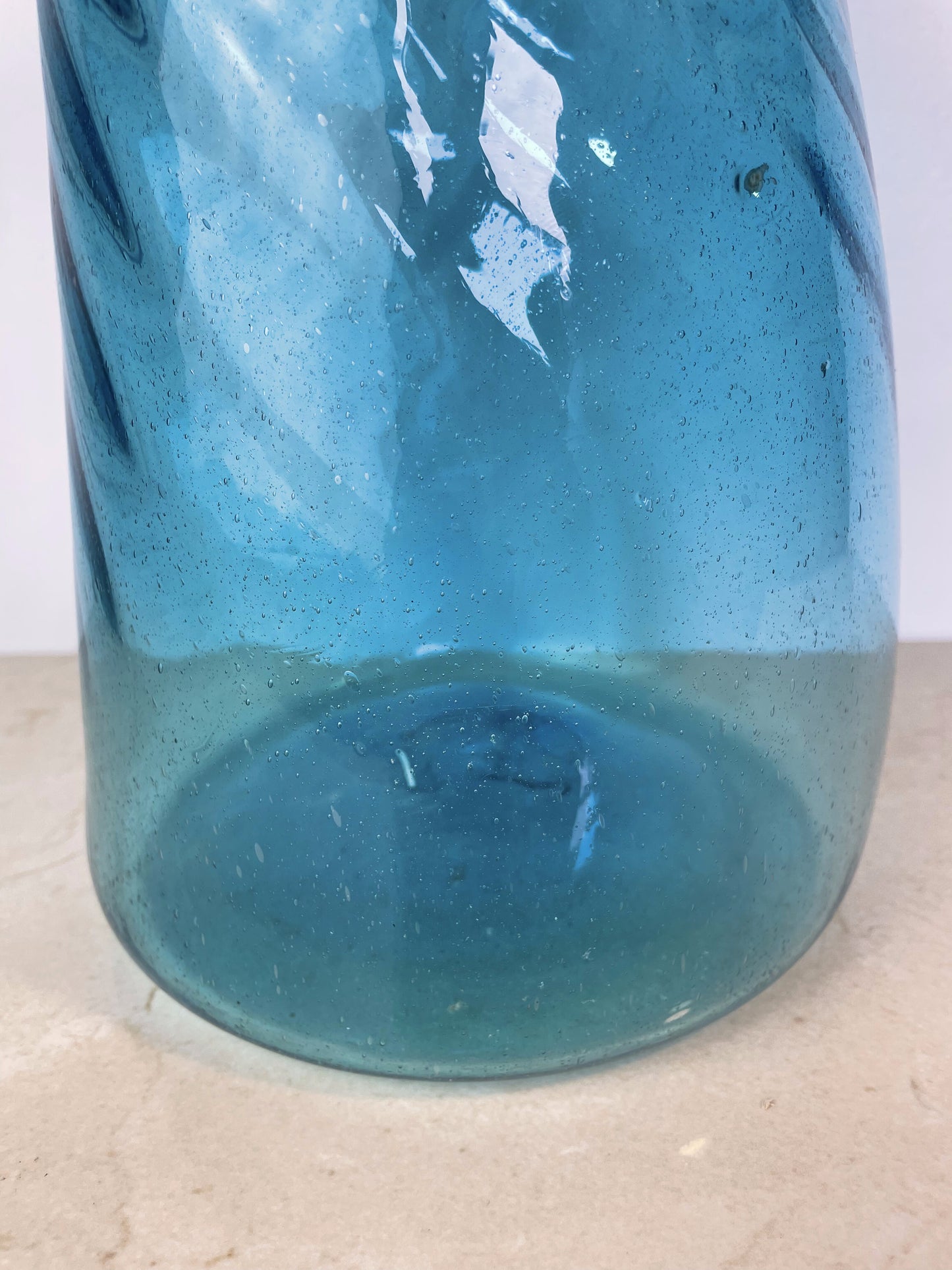 Vintage Hand-Blown Aqua Optic Swirl Art Glass Floor Bottle