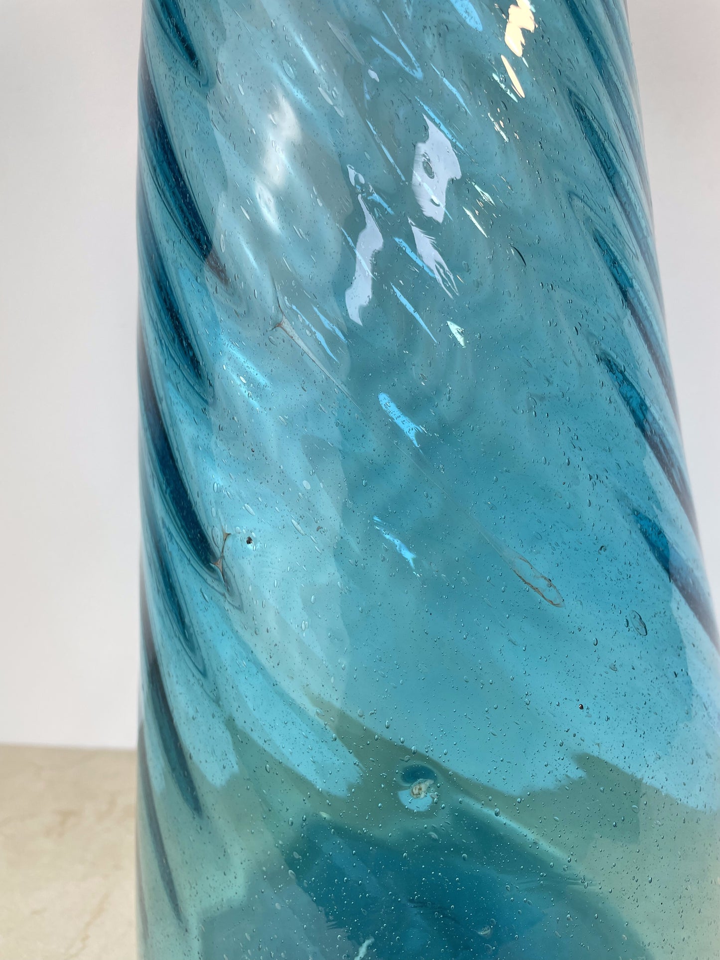 Vintage Hand-Blown Aqua Optic Swirl Art Glass Floor Bottle