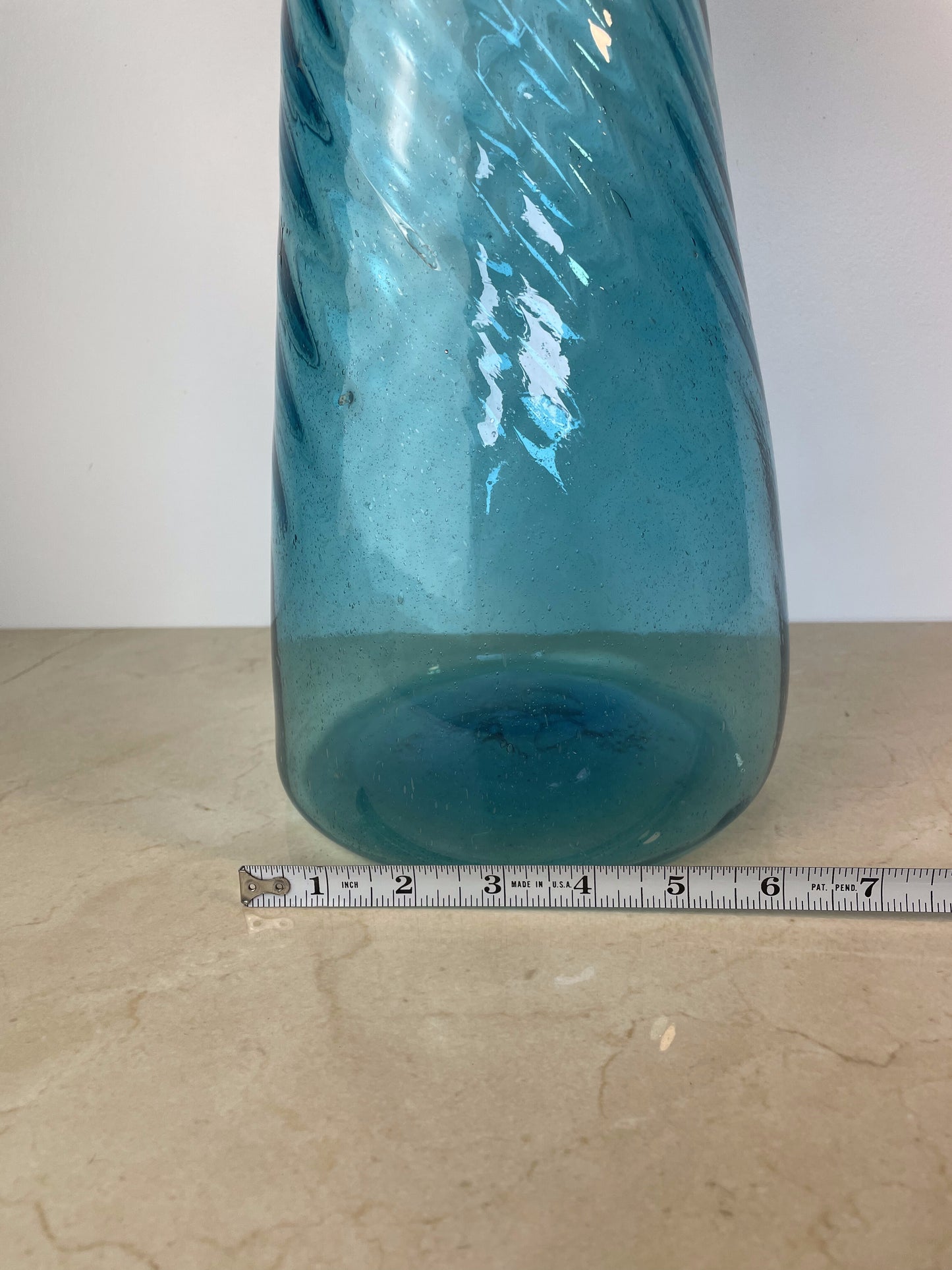 Vintage Hand-Blown Aqua Optic Swirl Art Glass Floor Bottle