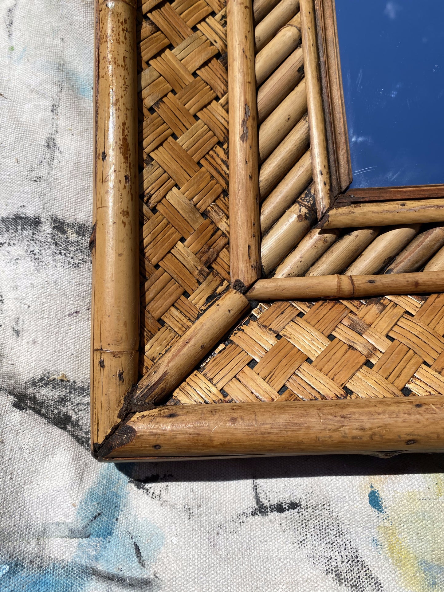 Pair of Vintage Woven Bamboo & Rattan Wall Mirrors — Tropical Coastal Hollywood Regency, 30" X 24"